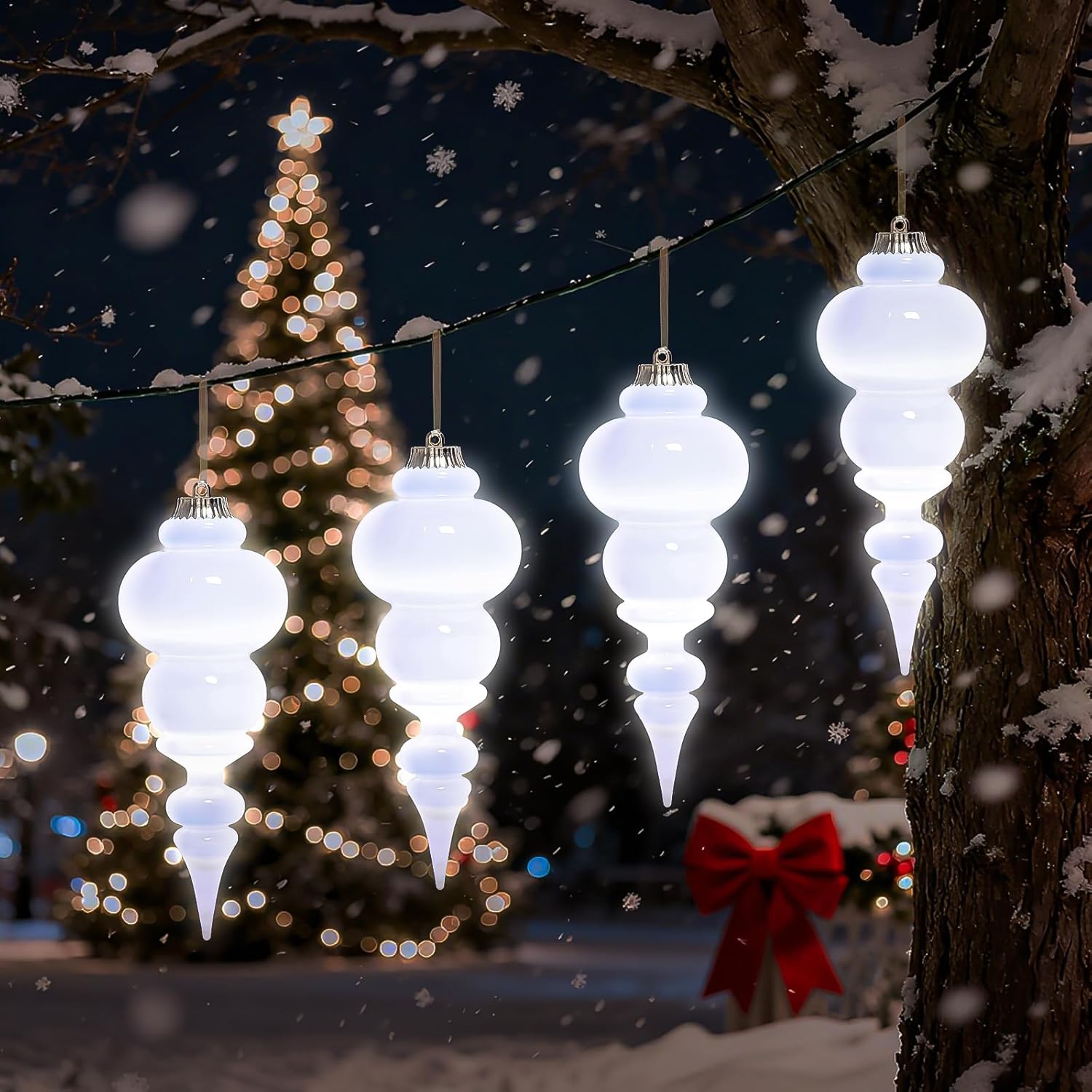 Lanpn 4 Pcs 15" Outdoor LED Ornament, Large Christmas Battery Powered Finial Lights, Xmas Tree Finial Bulb Decor with Dark Sensor, Christmas Lighted Ornaments for Lawn Garden Yard Patio, White White 15" / 4 pcs