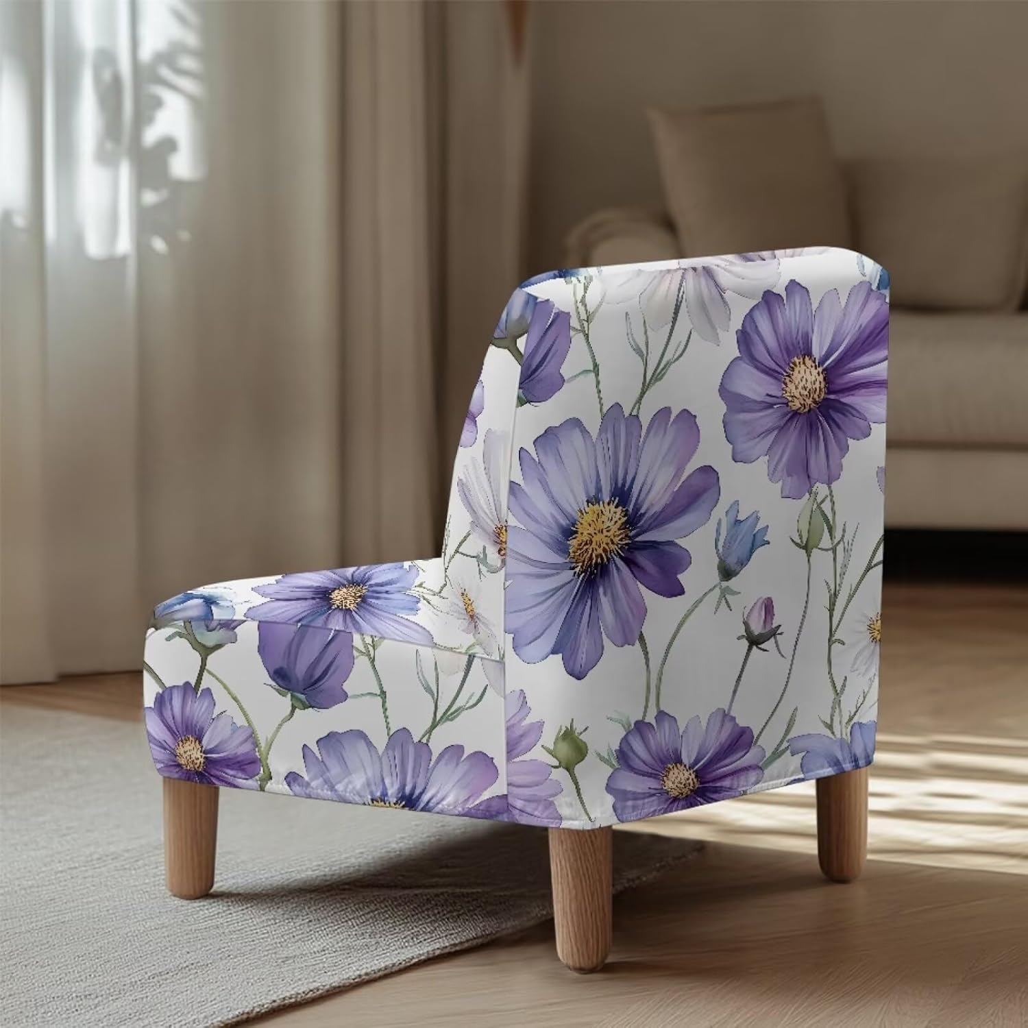 Purple Daisy Flower Print Accent Chair Without Arms, Non-Slip Wingback Chair Sofa Slipcover and Removable Furniture Protector Covers, Washable Armless Accent Chair Cover for Chairs
