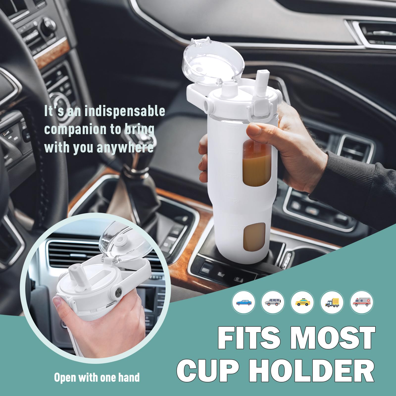 BLUEGO 960ml Bottiglie d'acqua in vetro con cannuccia e indicatore del tempo Bottiglia d'acqua sportiva grande con custodia in silicone 0,96 litri Brocca d'acqua in vetro per palestra, Bianco