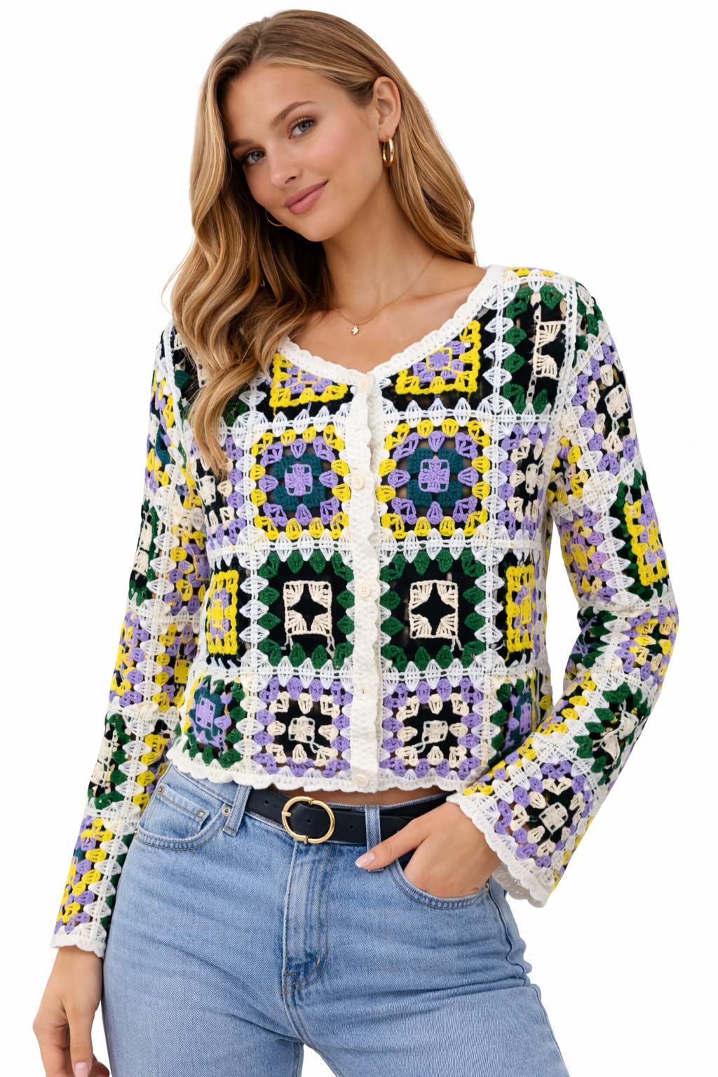 Women Women’s Multicolor Crochet Knit Cardigan Top V-Neck Button-Down Long Sleeve Granny Square Sweater Casual Boho Winter Wear Button Poncho