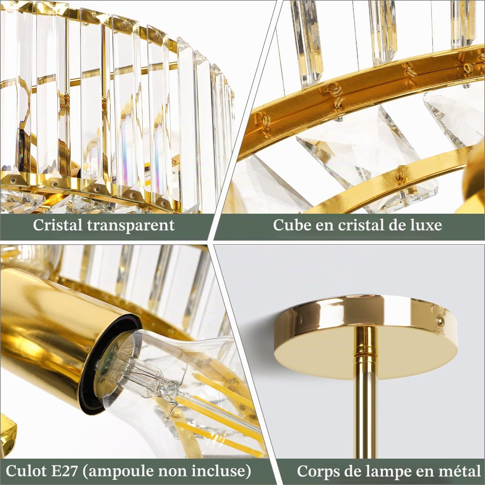 FRIDEKO HOME Moderne Plafonnier en Cristal Or,4 Flammes Grand Lustre Rond Cristal Abat-jour Métal Plafonnier E27 pour Chambre à coucher Salon Salle à manger Cuisine Couloir,Ø37cm