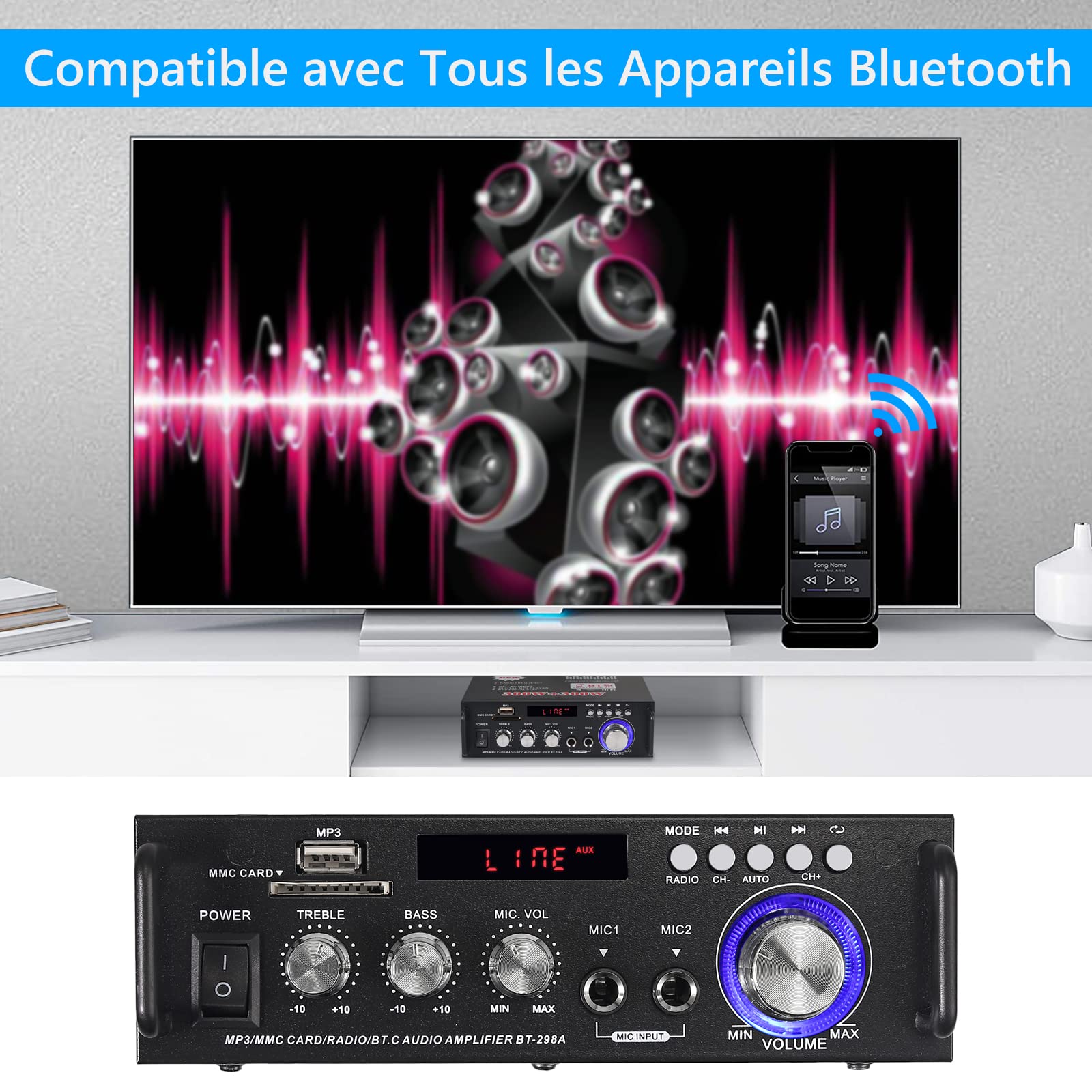 ESYNiC 300W + 300W Mini Amplificateur Audio Stéréo Bluetooth avec Télécommande Amplificateur Audio Numérique Portable HiFi pour Voiture Maison Hi-Fi Musique SD USB FM 12V / 220V