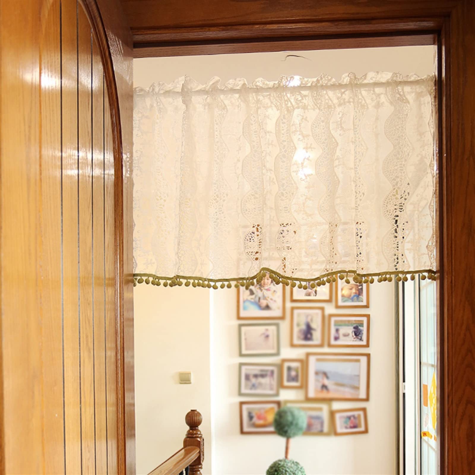 WRMING Corta Tendina per Sottolavello Stile Country Tende da Cucina con Mantovana Voile Mezza Tenda Beige Trasparenti Piccolina Tendina per Cappa Bistro Caffé Bar, 1 Pezzi,W x H 150x30cm