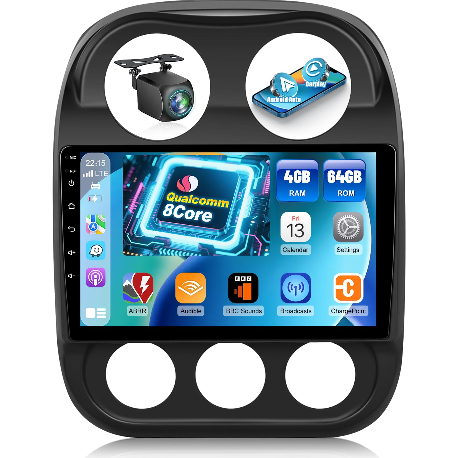 Photo 1 of Qualcomm 8 Core 4+64G Radio for Jeep Compass Patriot 2010-2016, Android Patriot Car Stereo 10.1 inches Touch Screen/Carplay/Android Auto/Bluetooth 5.1/SWC/FM RDS
