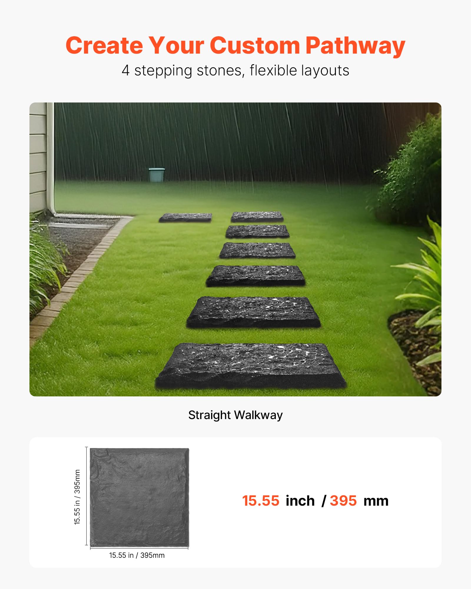 VEVOR Trittsteine Garten, 4 Stk., 395x395 mm, dekorative Gehwegplatte mit Bodenpfählen, Kunststoff-Wegepflaster, Steinplatte aus PC+ABS-Harz, Steinoptik für Rasen, Terrassenlandschaft, grau