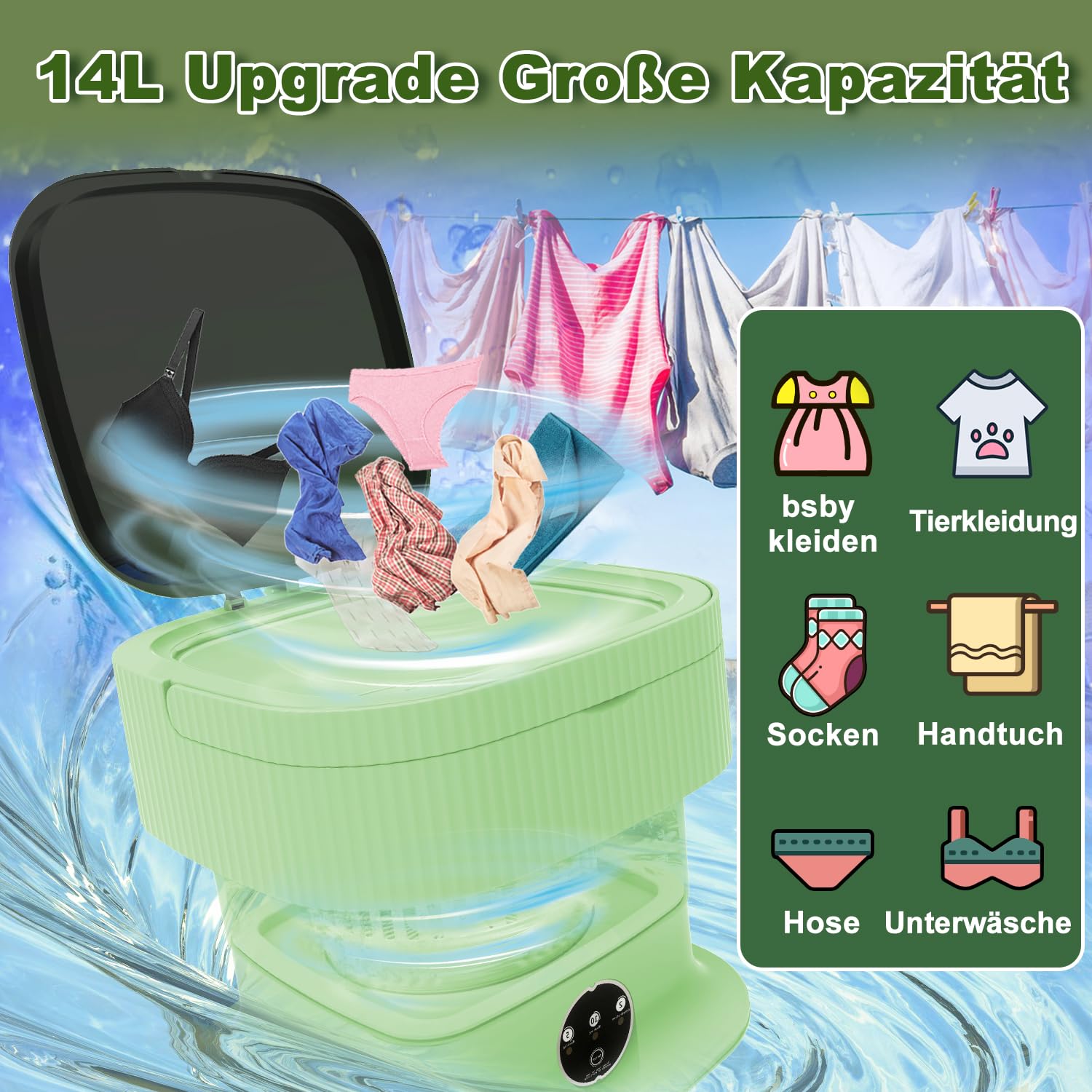 Składana mini pralka, 13 l, ulepszona, przenośna pralka z 3 trybami, mini pralka 1,8 kg, głębokie czyszczenie bielizny, odzieży dla niemowląt, małych ubrań do mieszkania, hotelu, zielona