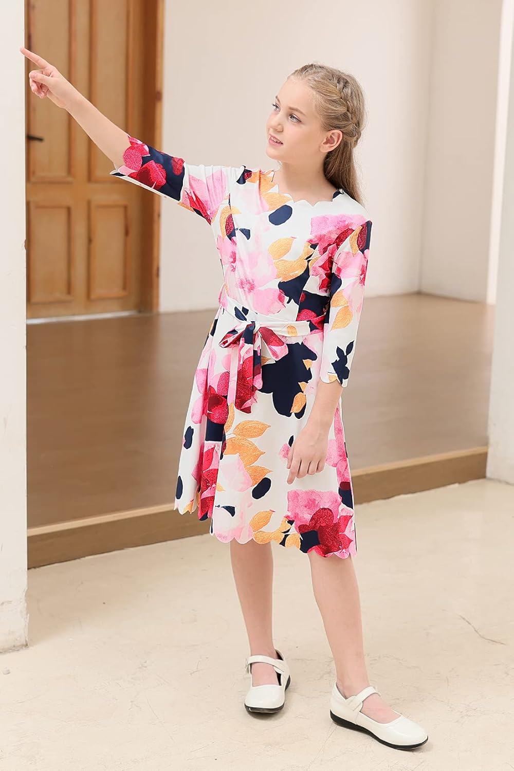 GORLYA ガールズ 七分袖 カジュアル スカラップエッジ Aライン ベルト付きドレス ポケット付き 4~14歳のお子様向け, ホ