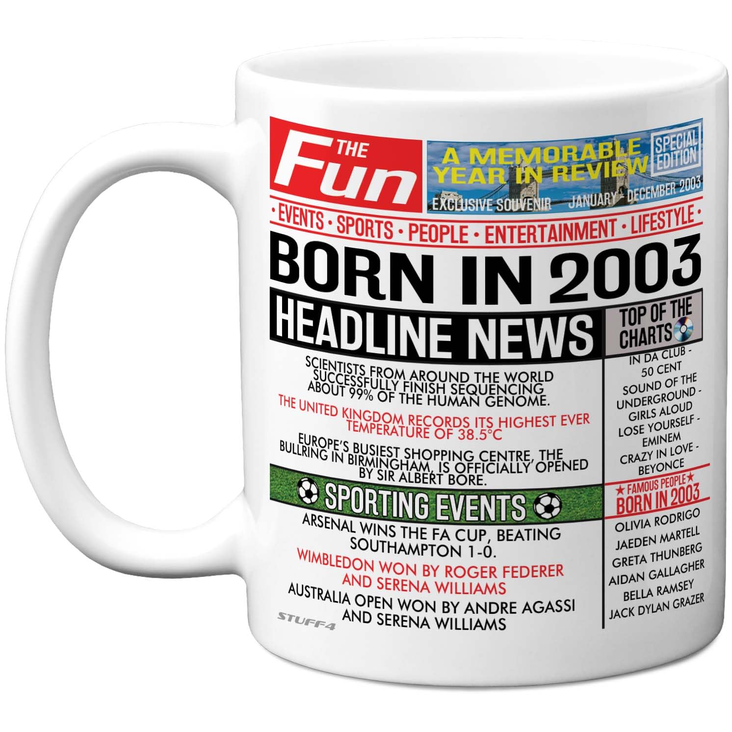 Stuff4 23rd Birthday Mug Gift for Men Women - Born in 2003 Newspaper - Happy 23 Birthday Gifts for Son Daughter Cousin Vintage Retro Back in 2003 Age 23 Bday, 11oz Ceramic Coffee Mugs