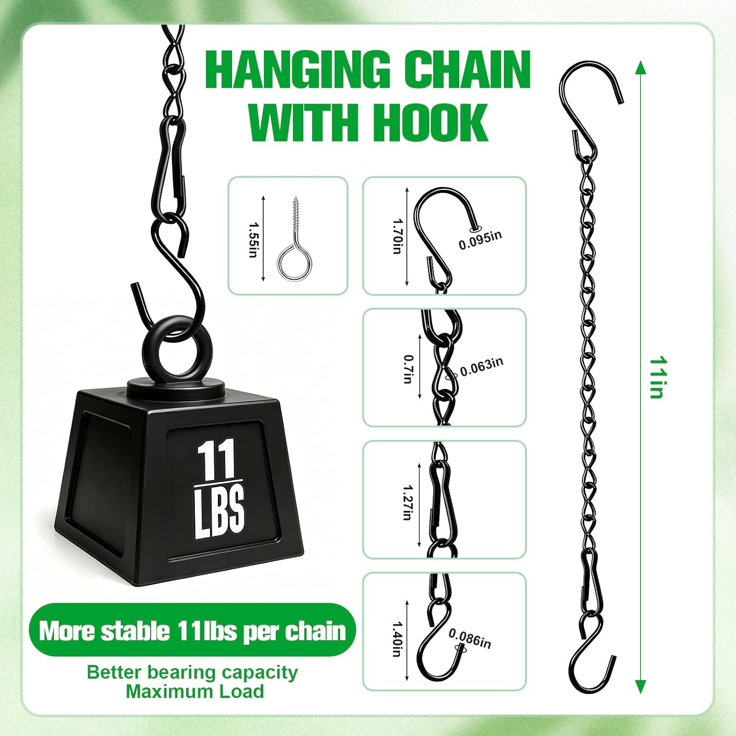 3 Pack 11 Inch Hanging Chain with Hooks, Black, for Hanging Plants