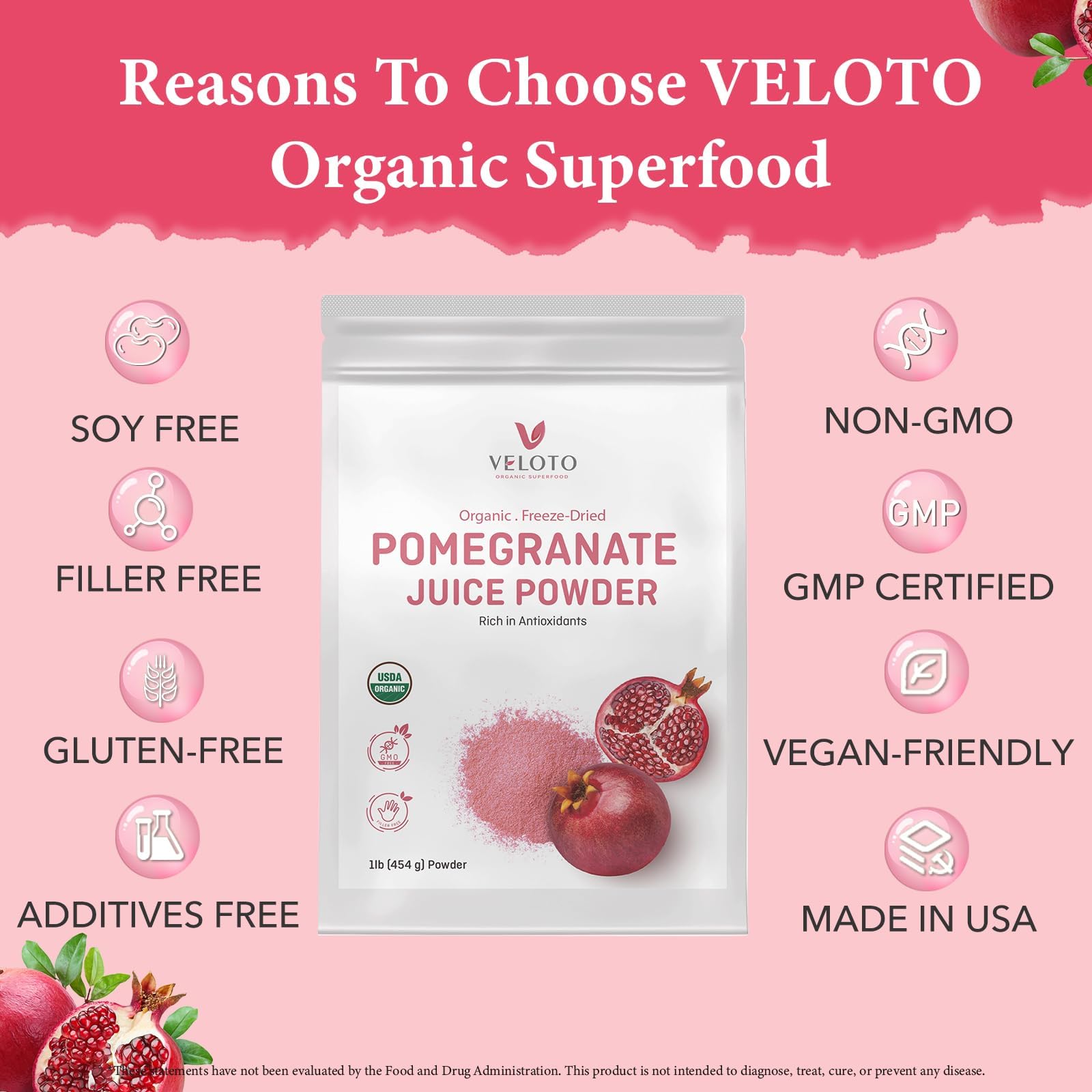 Organic Pomegranate Juice Powder 1 lb, Freeze-Dried, Antioxidant Superfood, No Sugar Added, Unsweetened, Non-GMO, Vegan, for Smoothies, Juice & Baking