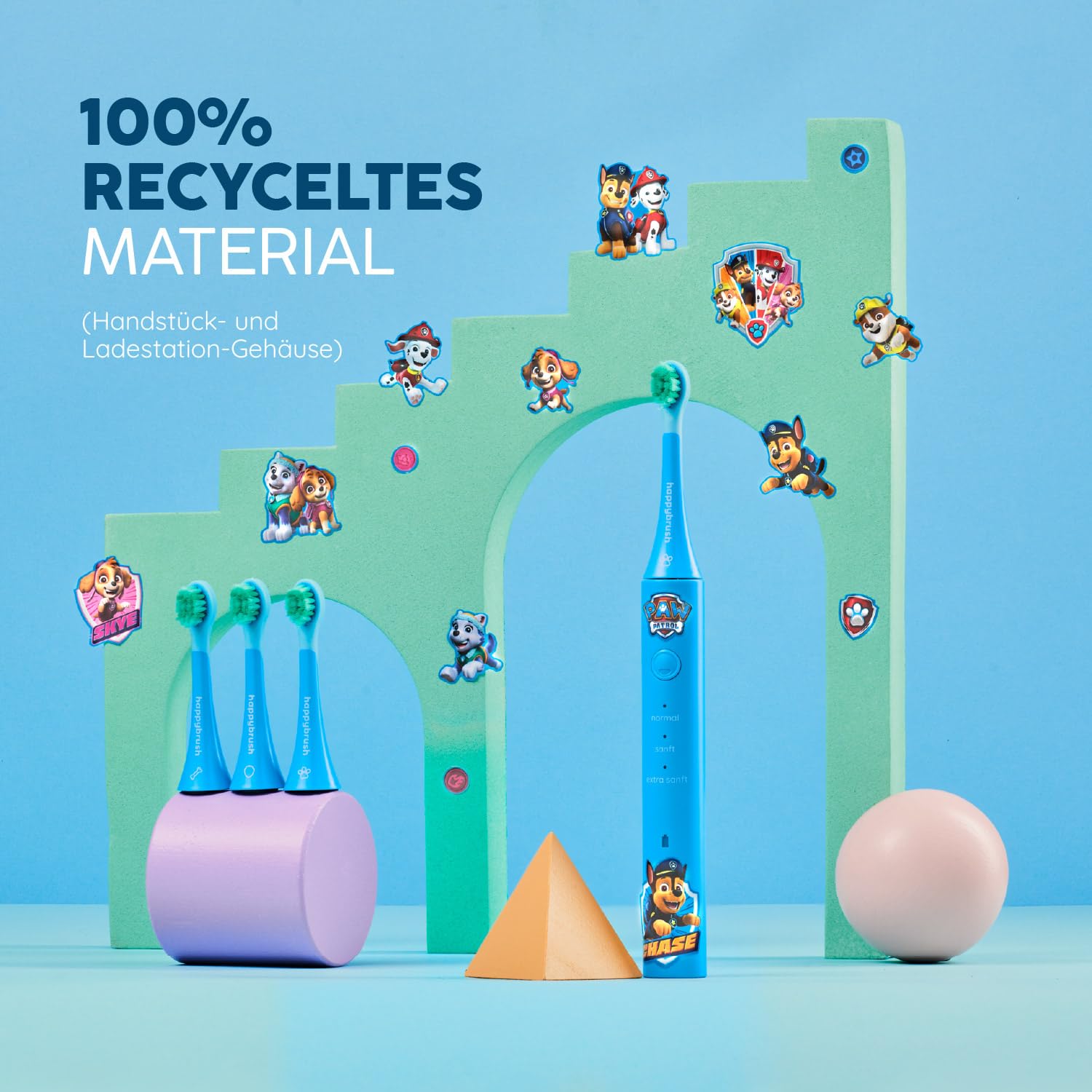 happybrush Eco Vibe Kids - Cepillo de dientes eléctrico para niños a partir de 3 años, con pegatinas, batería de 4 semanas, incluye 6 cabezales, color azul