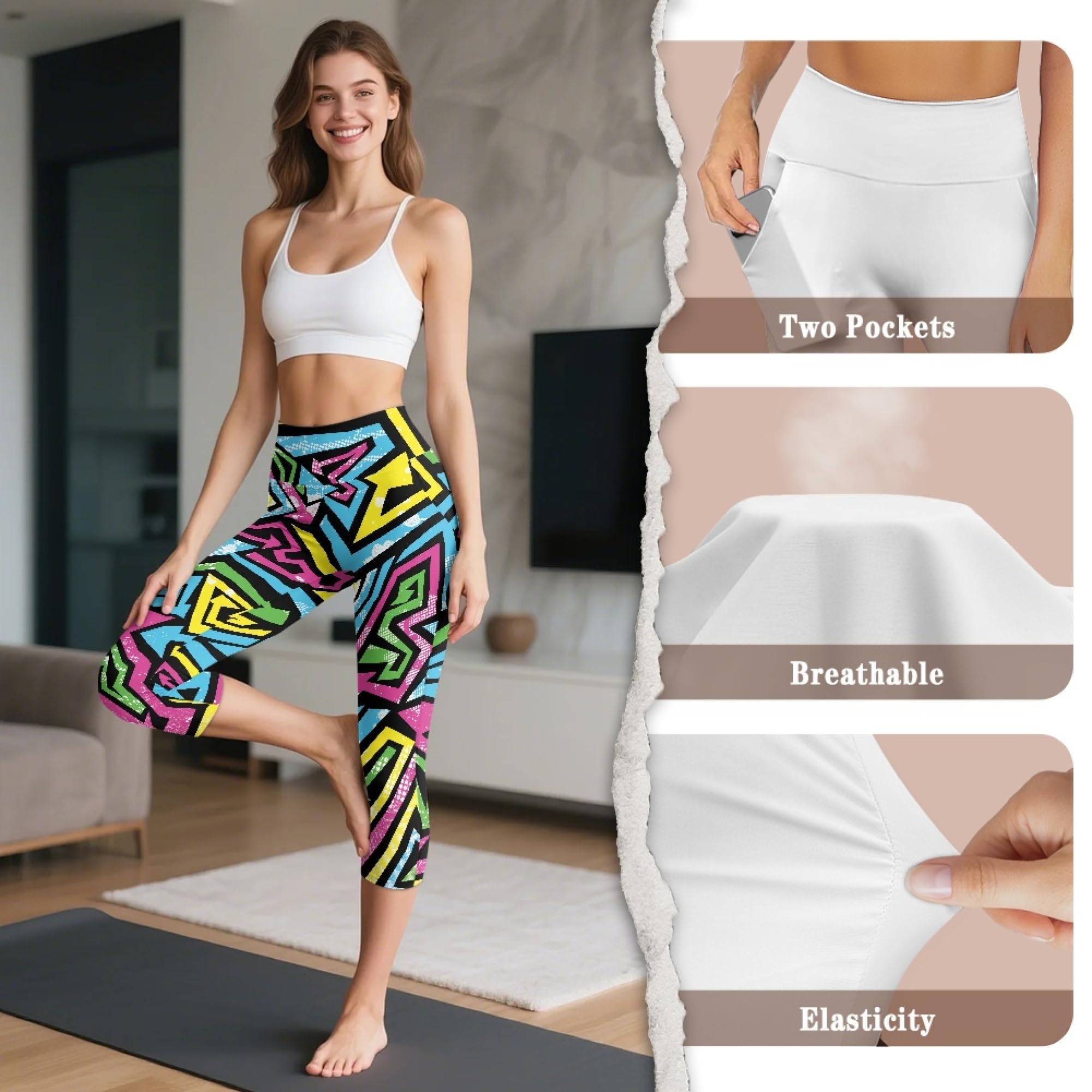 Amzbeauty Leggings para mujer con bolsillos, cintura alta 3/4, pantalones capri negros con control de abdomen