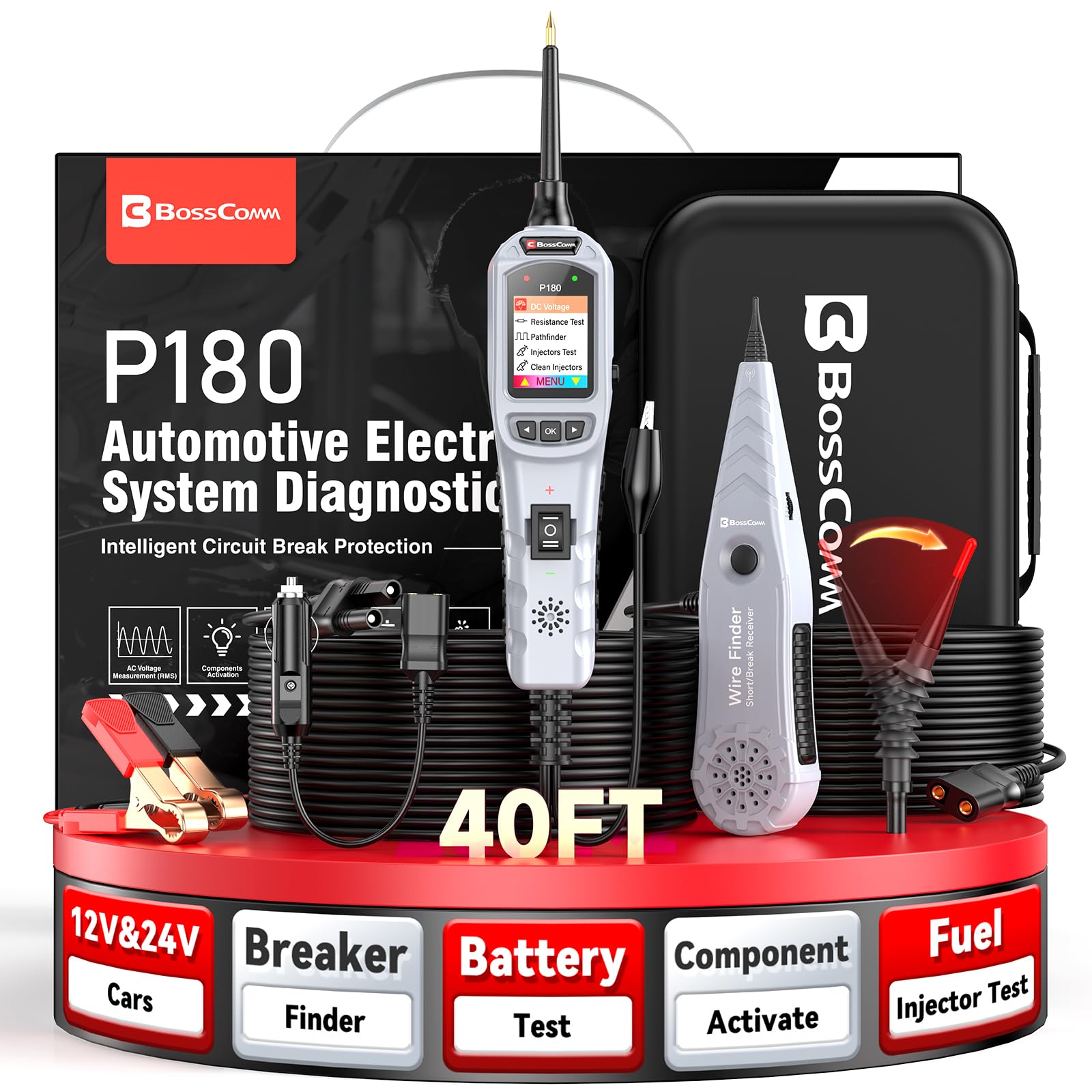 BOSSCOMM P180 - Probador de sonda de circuito de alimentación automotriz, herramienta de búsqueda de interruptores de 12-24 V, trazador de cables, prueba de batería, prueba de inyector de combustible