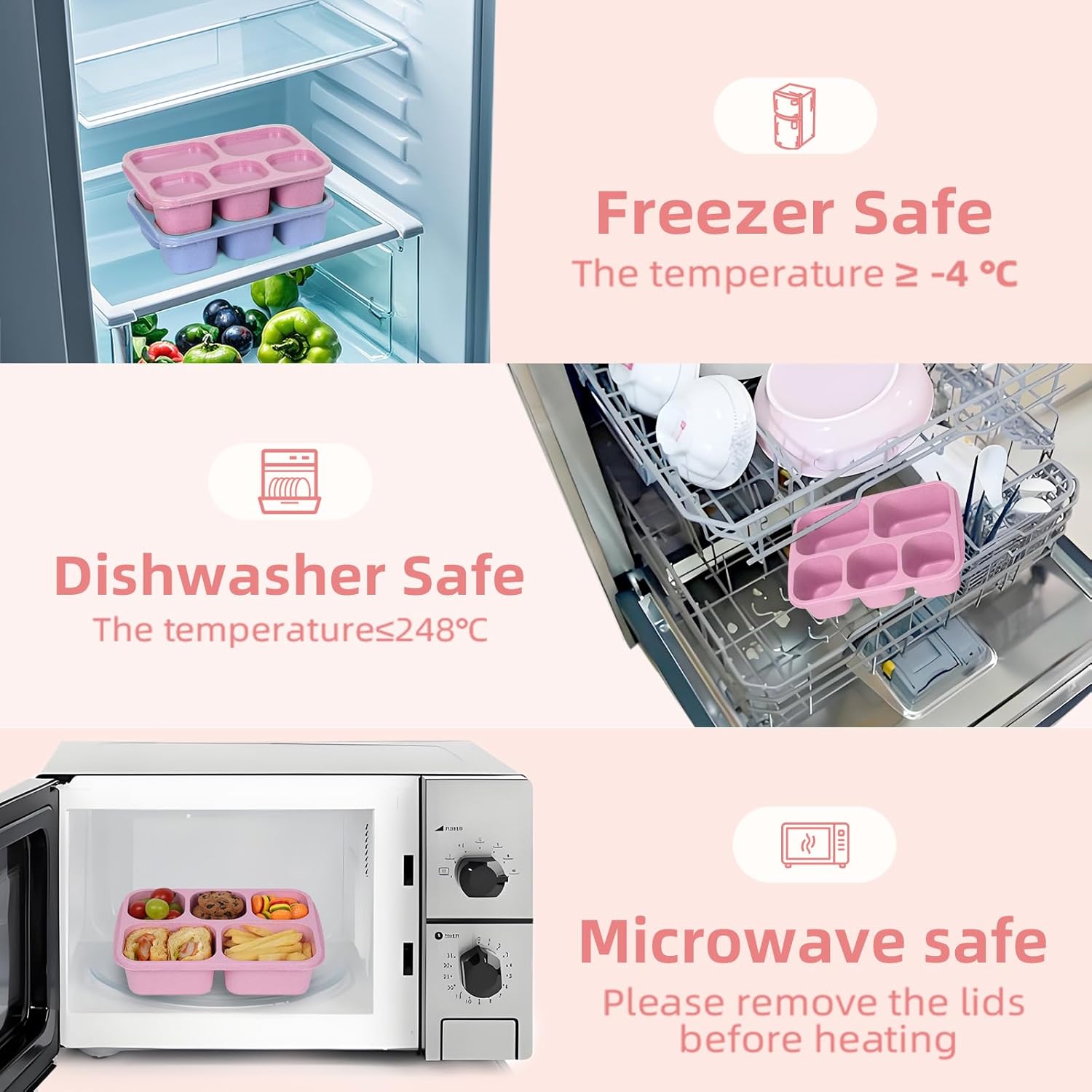 Snack Box Containers for Adults-4 Pack, 5-Compartment Snack Box Made of Food Grade Wheat Straw for Kids and Adults, Reusable Bento Lunch Box for School, Work, and Travel