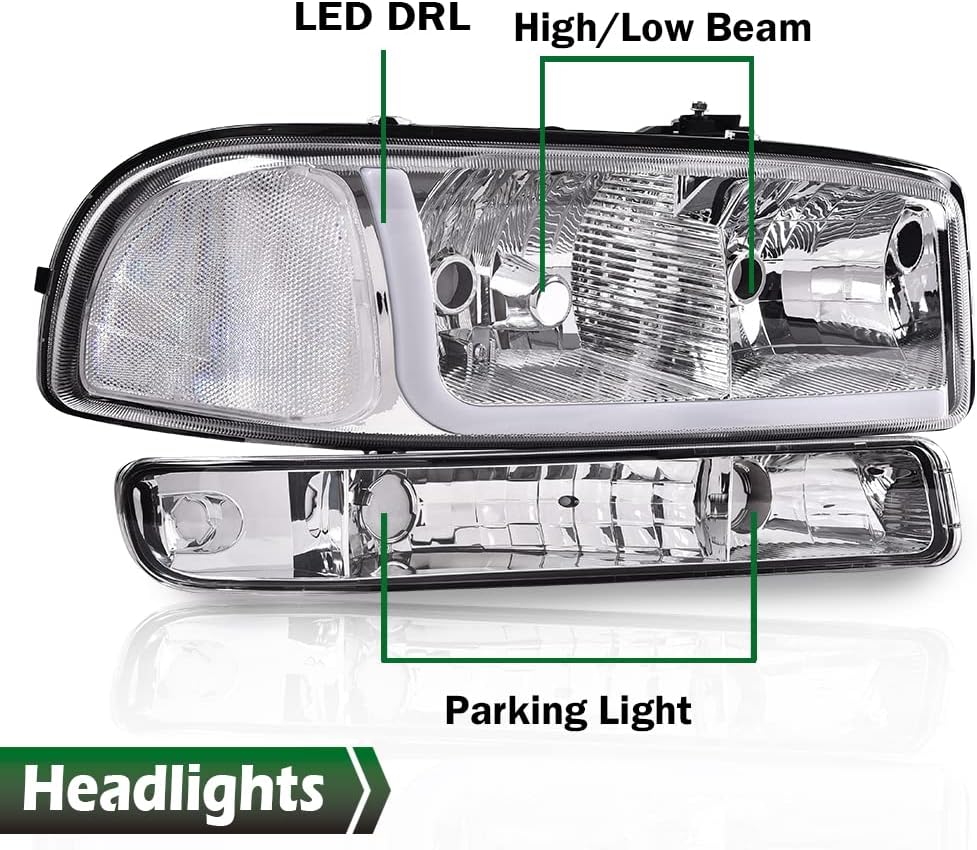 LQI LED DRL Headlights Assembly Compatible with Gmc Sierra 1500 1999-2007 /Fit GMC Yukon XL 1500 2500 1999-2006 Black Clear W/Bumper Signal Lamps（Clear lens Chrome Housing Amber Reflector）