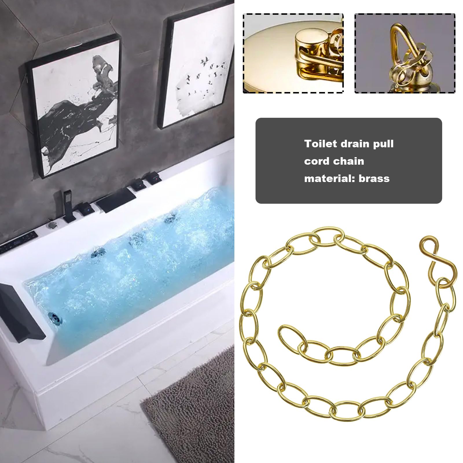 LT Easiyl 2PCS Basin Chain with S-Shaped Hook Brass Bathtub Sink Stopper Chain 30cm 11.8" Long Plug Chain for Bathtub Kitchen Sink Washbasin - Image 3