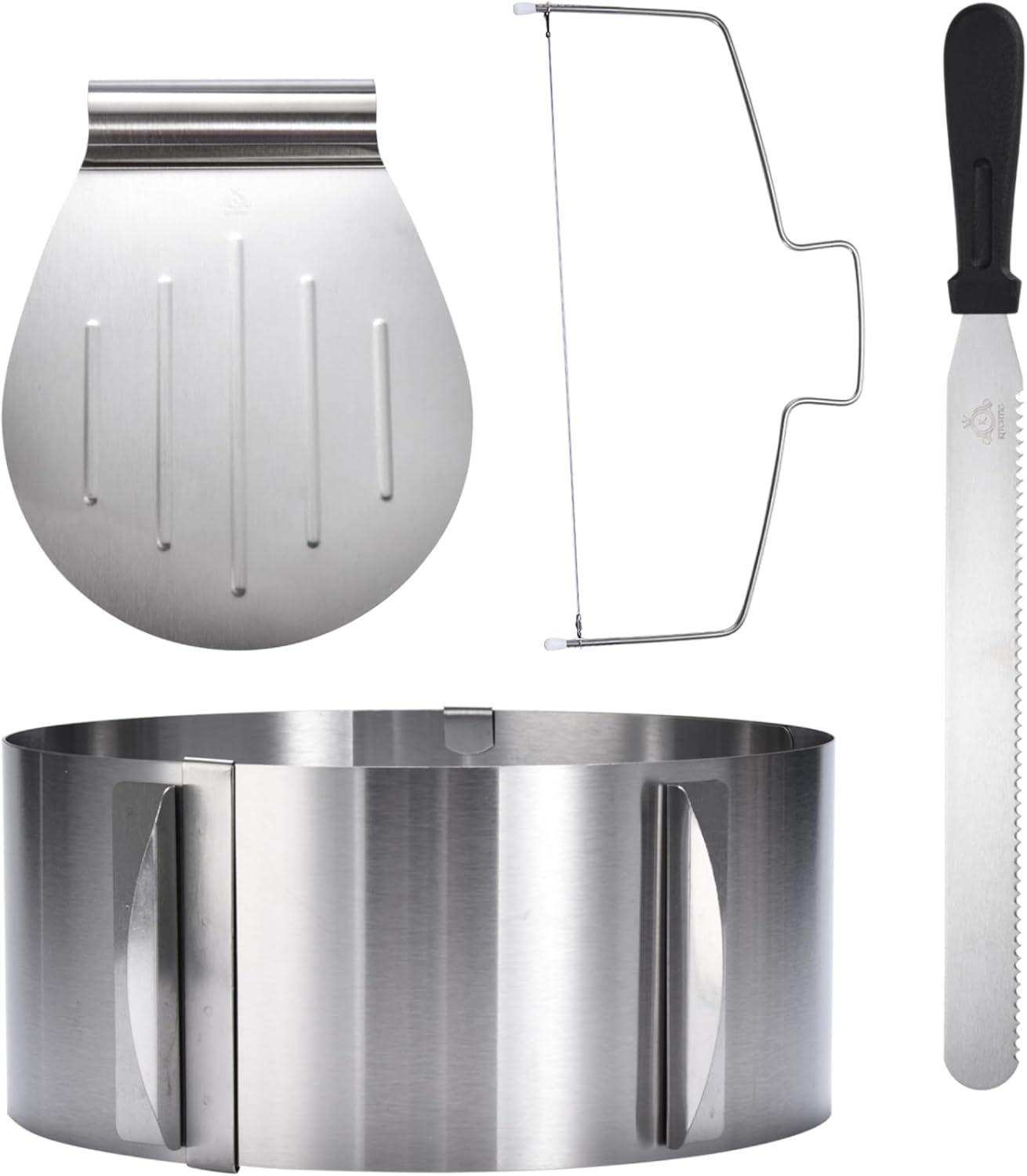 Kitchtic Adjustable Cake Ring Set - Cake Tool Set Includes Cake Ring, Cake Cutter, Pastry Knife and Cake Server - Stainless Steel Baking Tools for Beginners and Hobby Bakers - Set of 4