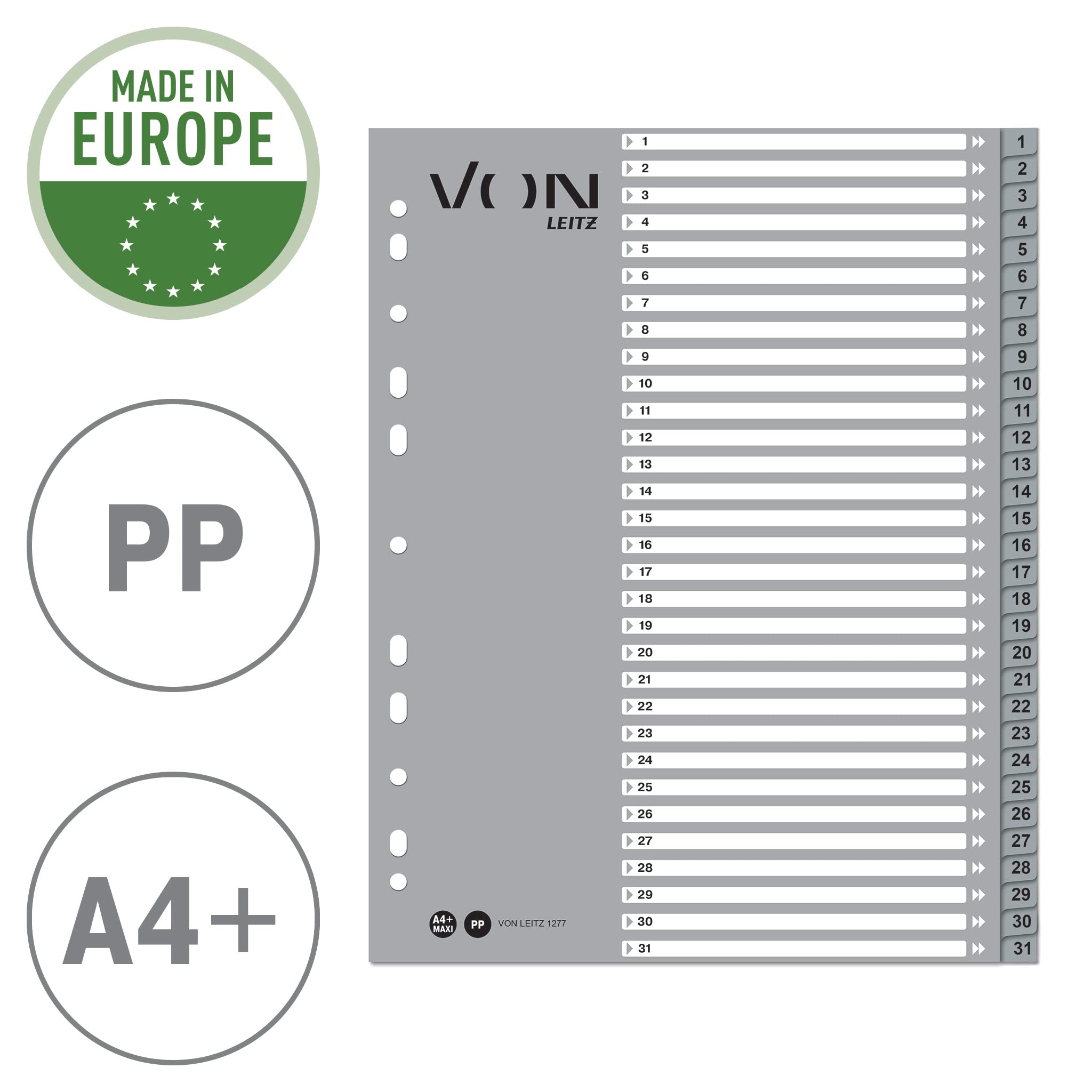 VON Leitz 10er Pack Zahlen-Register A4, 1-31 nummerirte Trennblätter für Ordner, PP, Extra breit, 11-Loch-Universalregister für Schnellhefter & Ringbücher, Grau, 12770085