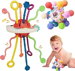 Montessori Sensory Pull String Toy: Teething Toys for Babies 6-12 Months Montessori Toys for 1 Year Old Sensory Toys for Babies 0-6 Months Baby Travel Airplane Toys - UFO Pull String Rattle Toy