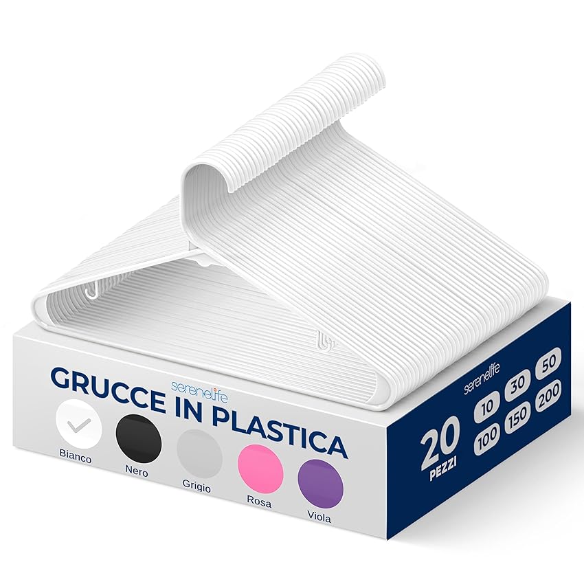 SereneLife Set di 20 Grucce Appendiabiti in Plastica, Antiscivolo, Stampelle Armadio Salvaspazio, Appendiabiti Resistenti per Camicie, Maglioni, Felpe, Abiti Bambini, Ultra-Sottili e Leggere