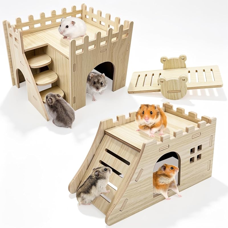 Casinha de Madeira para Hamsters Anões, Gerbils e Camundongos com Rampa, Escada e Gangorra BNOSDM XH119-3A