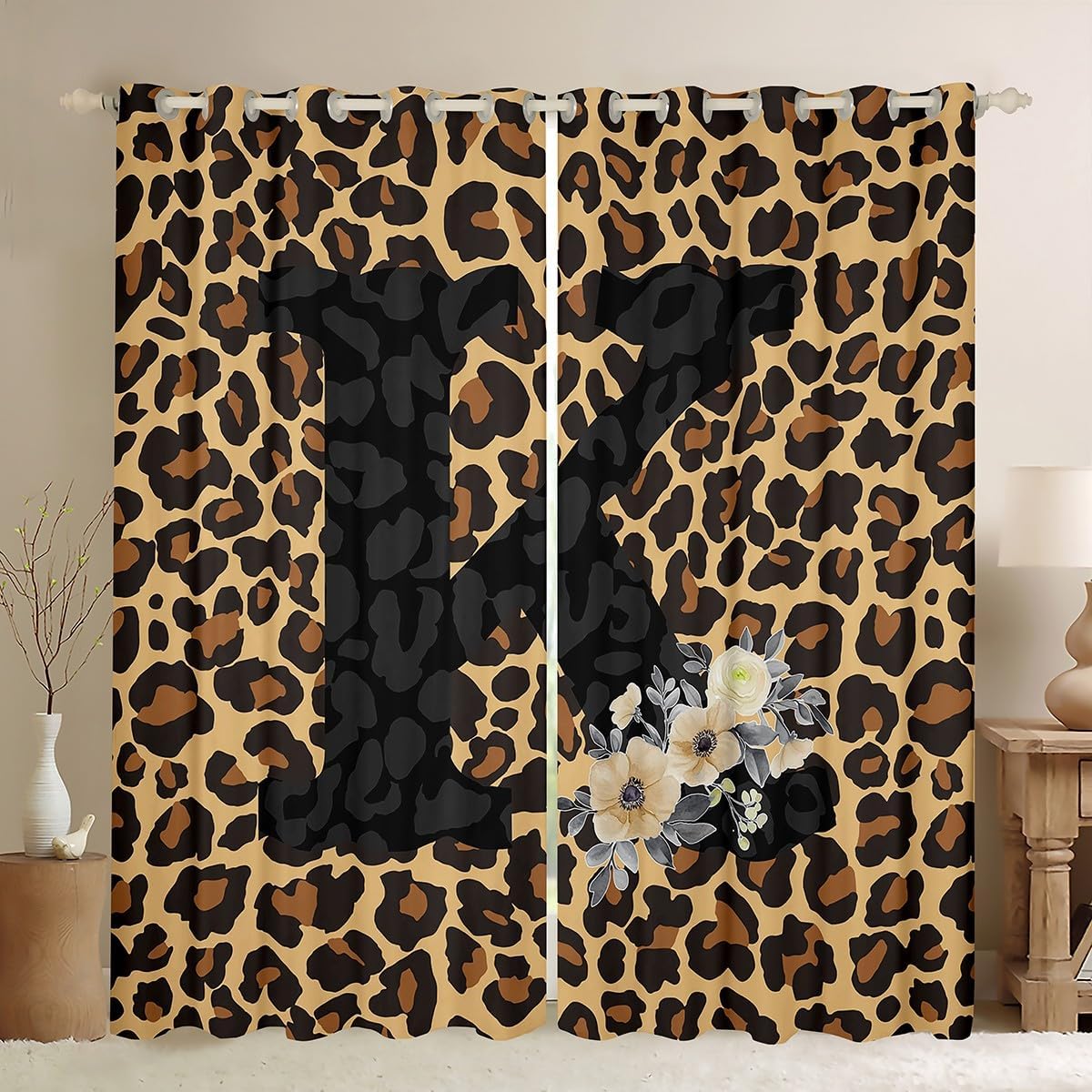 Personalized Black K Blackout Curtains for Bedroom - Brown Leopard Print Window Curtains 2 panel Sets 42"Wx63"L,Customizable Monogrammed Initial Letter Cheetah Print Window Treatments Drapes