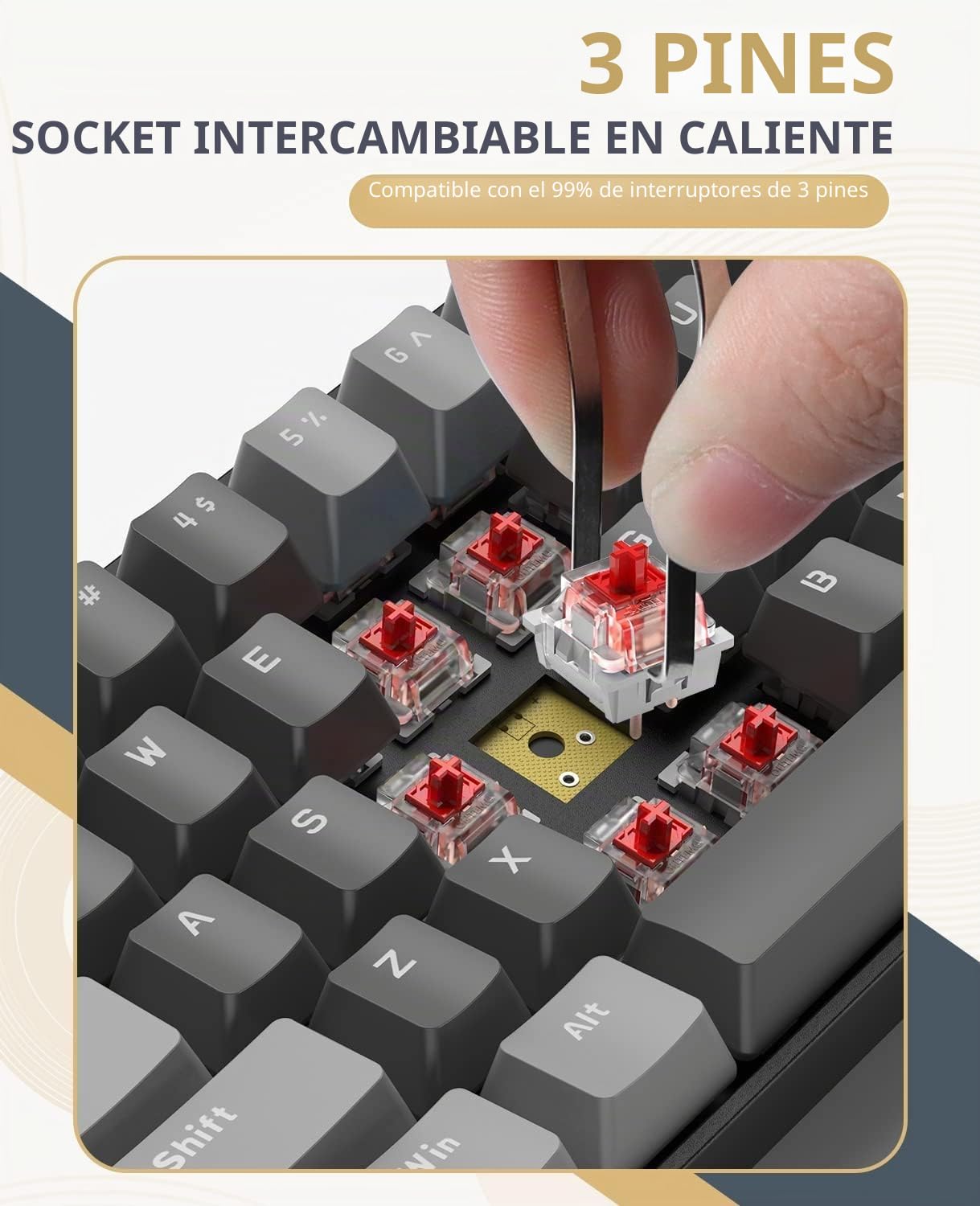 YINDIAO K68 60% Teclado Mecánico Inalámbrico para Juegos,Bluetooth 5.0/2.4Ghz,diseño de América,Mini Teclado Compacto de 68 Teclas con USB A/Type C Receptor,Hot Swap,Interruptor Rojo (Gris Oscuro)