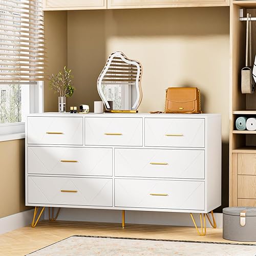 Miniatura 7 de JOZZBY Cómoda para dormitorio, cómoda de 7 cajones, cómoda blanca con asas doradas, cómodas modernas y cómodas, cómoda para niños, para dormitorio,