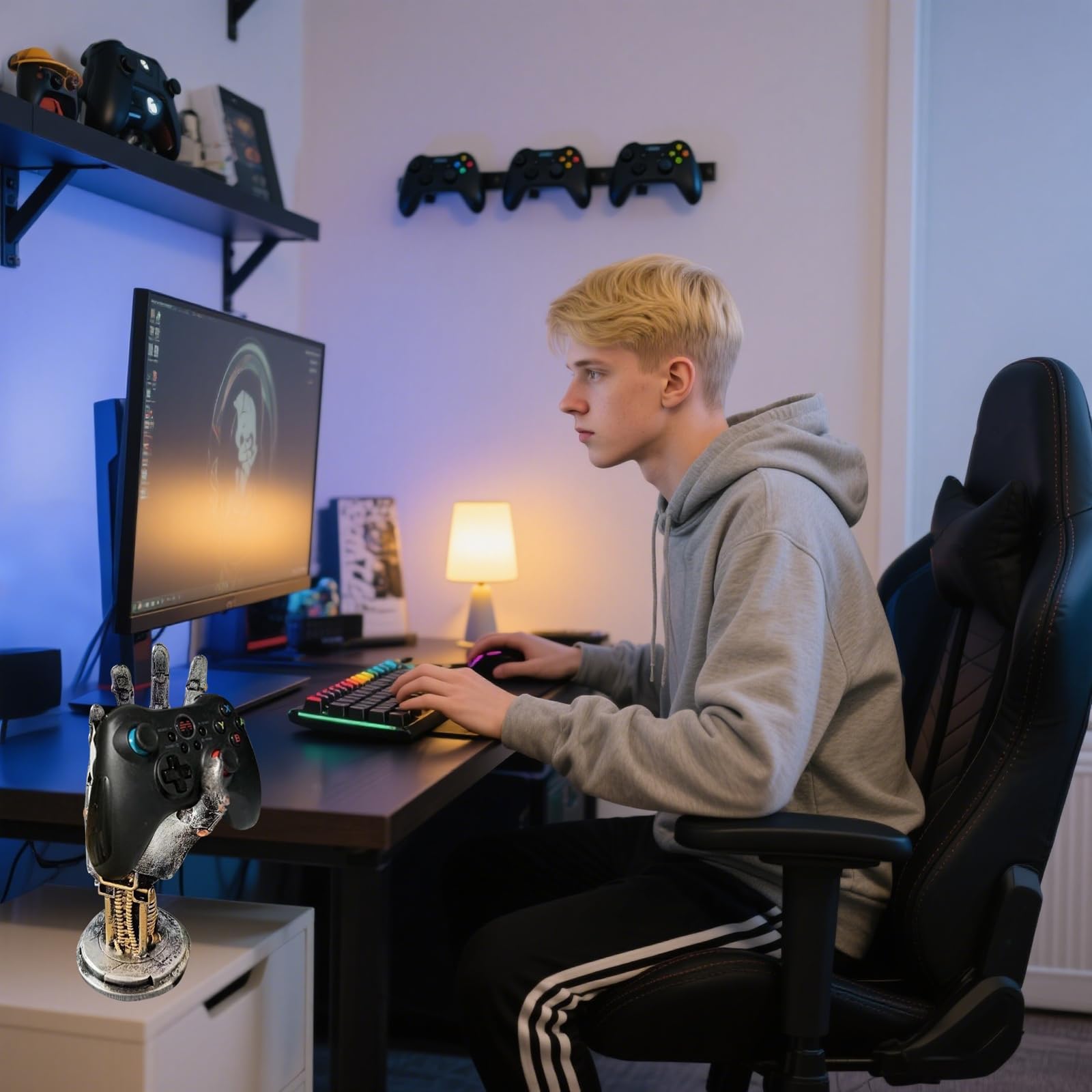 kopfhörerständer& Controller Ständer im Cyberpunk-Design – Handgefertigte Harzfigur für Gamer, futuristische Kopfhörerständer für Schreibtisch, Headset Halter für Gaming Setup