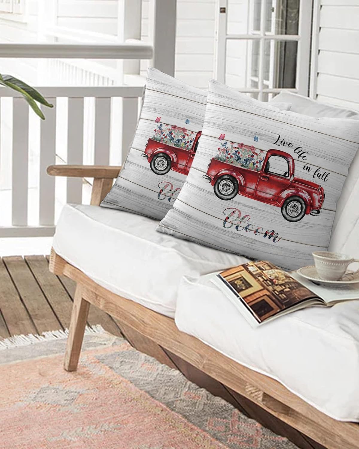 Outdoor Throw Pillow Red Farm Truck Flower Butterfly