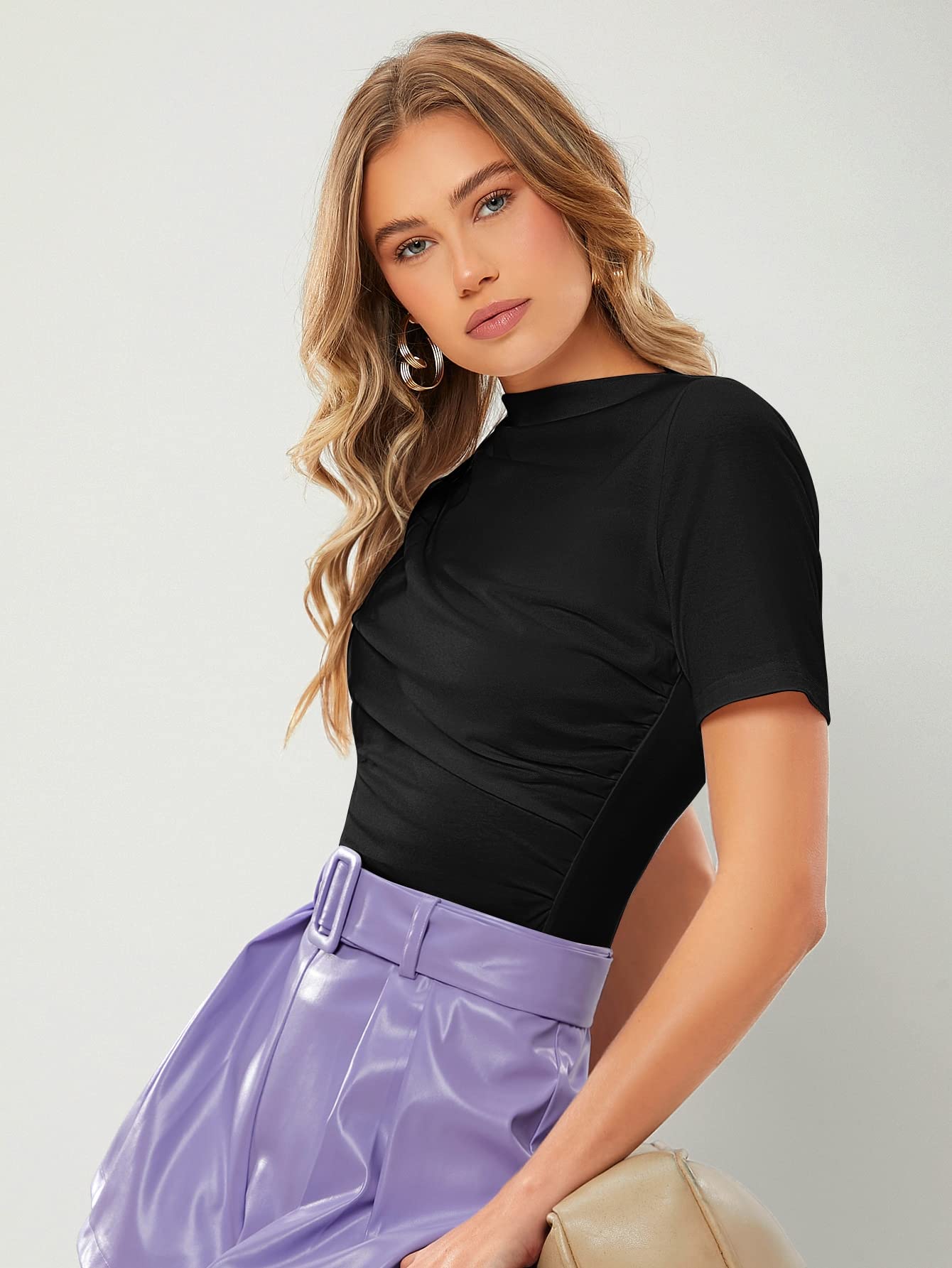 DSUBANDSUBAN T-shirt تي شيرت موحدة اللون ياقة قمع ثنية (Color : Black, Size : XS)