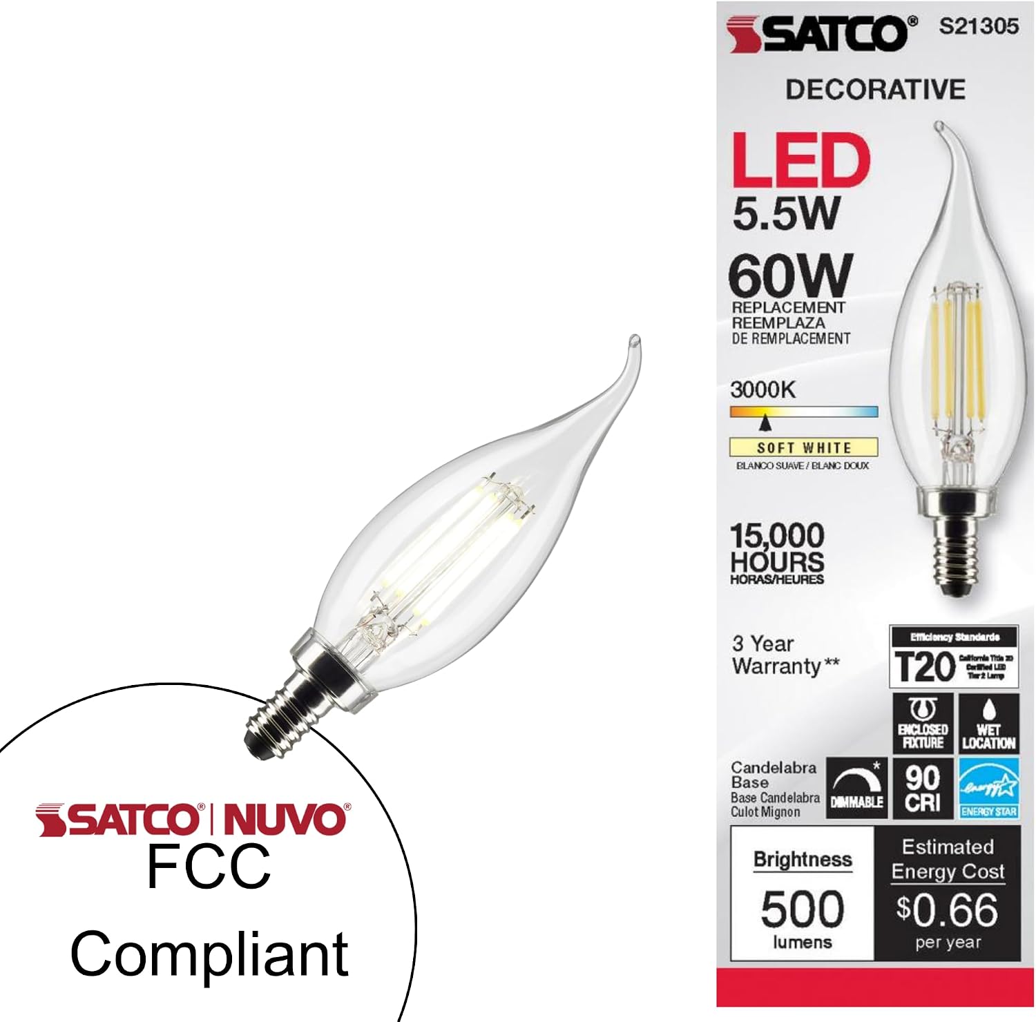 Satco S21305 - LED Candelabra Bulb 5.5W CA10 with Clear Finish, 90 CRI, 3000K Soft White, 120V E12, 2 Pack