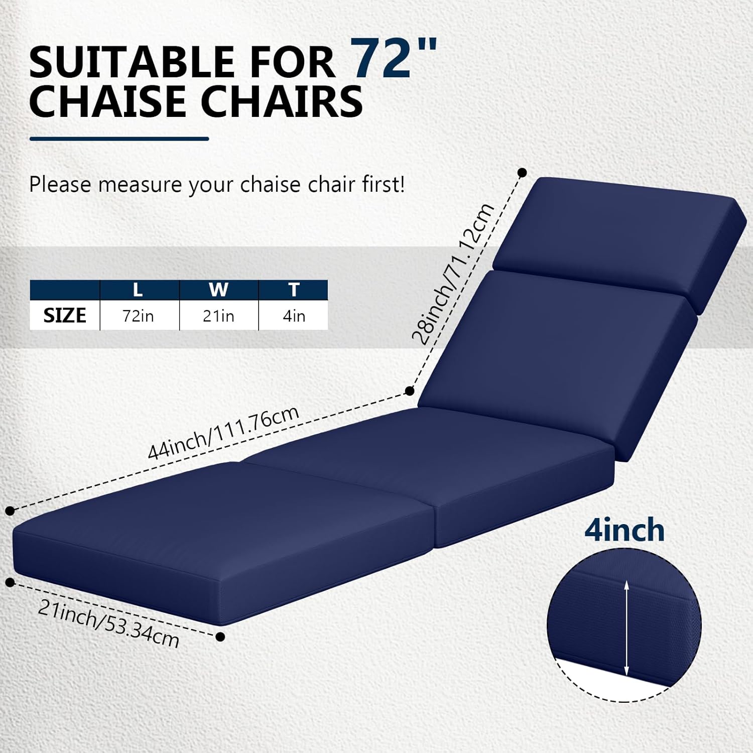chaise lounge cushions outdoor, 72 x 21 x 4 inch lounge chair cushions for outdoor furniture - waterproof lounge patio replacement cushion, 4in fade-resistant thickpatio chaise lounge cushion navy blue 72 x 21 inch(1pack)