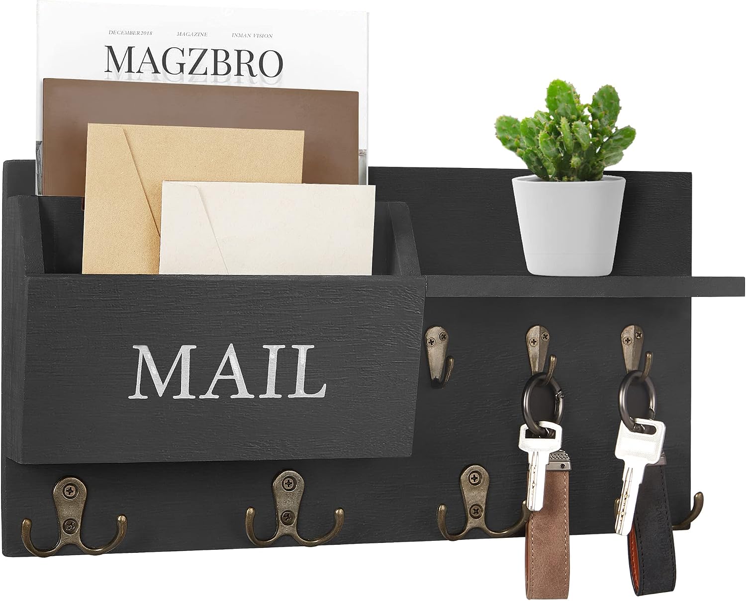 Wall Mounted Key Organizer and Mail Holder with Coat Rack