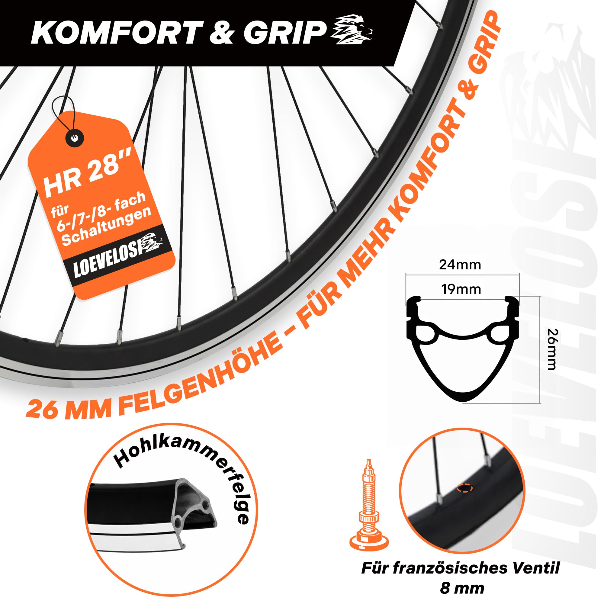 Roue arrière de trekking de 28", couronne de vis 6/7/8 vitesses, axe complet de 135 mm, 9 mm, 36 rayons, jante creuse en aluminium, frein sur jante V-Brake, noir LOEVELOSI