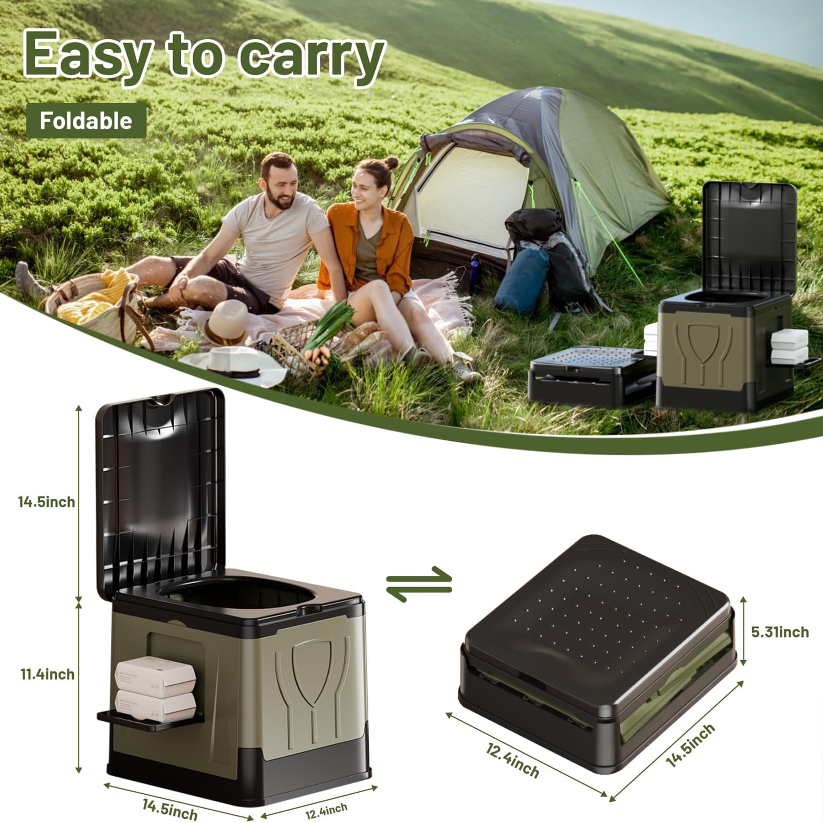 Inodoro portátil de camping con soporte para teléfono y bolsas de basura, inodoro de viaje de emergencia para adultos, ideal para autocaravanas y viajes de pesca