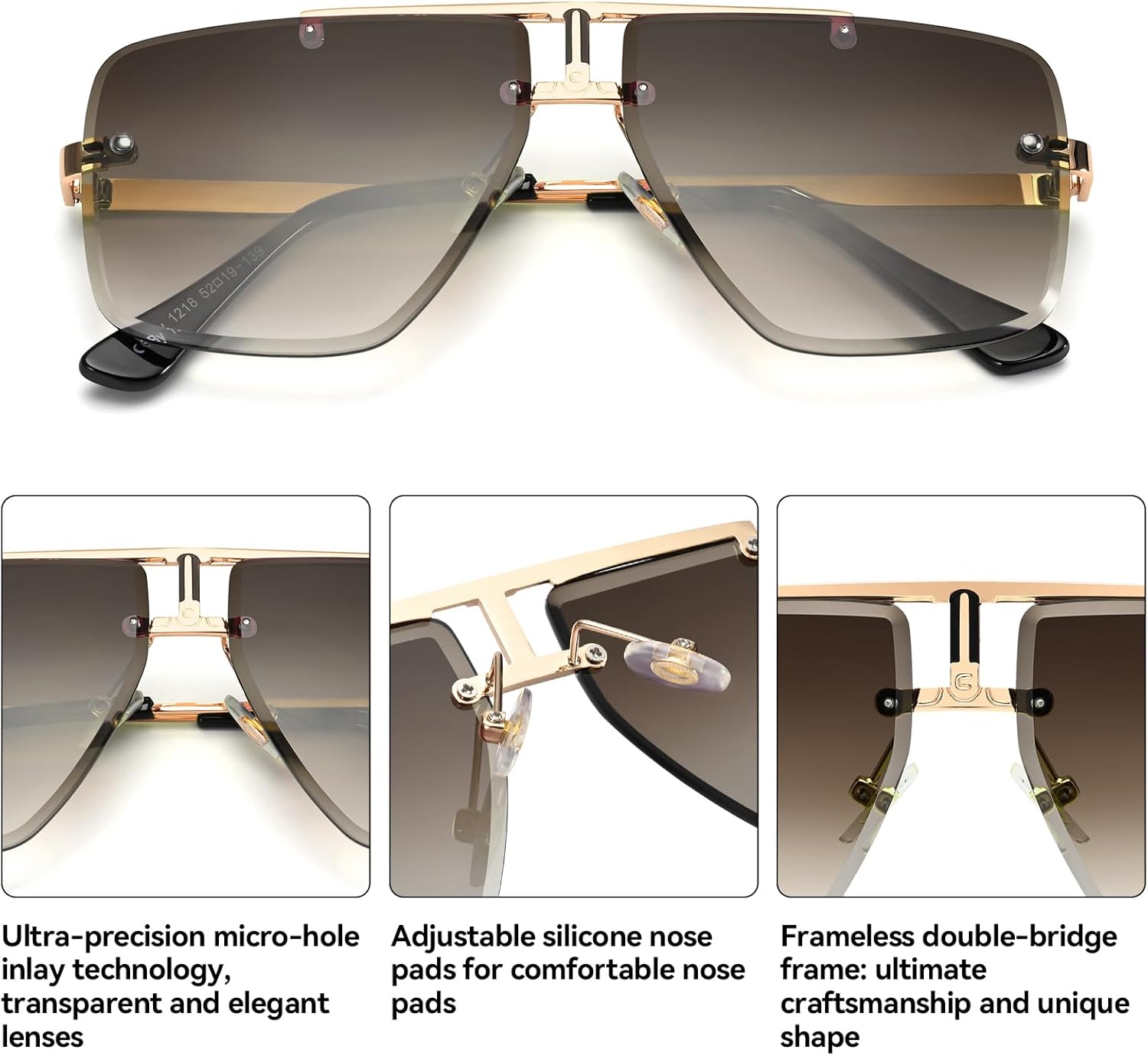 Rimless Oversized Square Sunglasses for Men Trendy Fashion Big Shades Tinted Lens Gold Metal Frameless Glasses UV400 - Image 3
