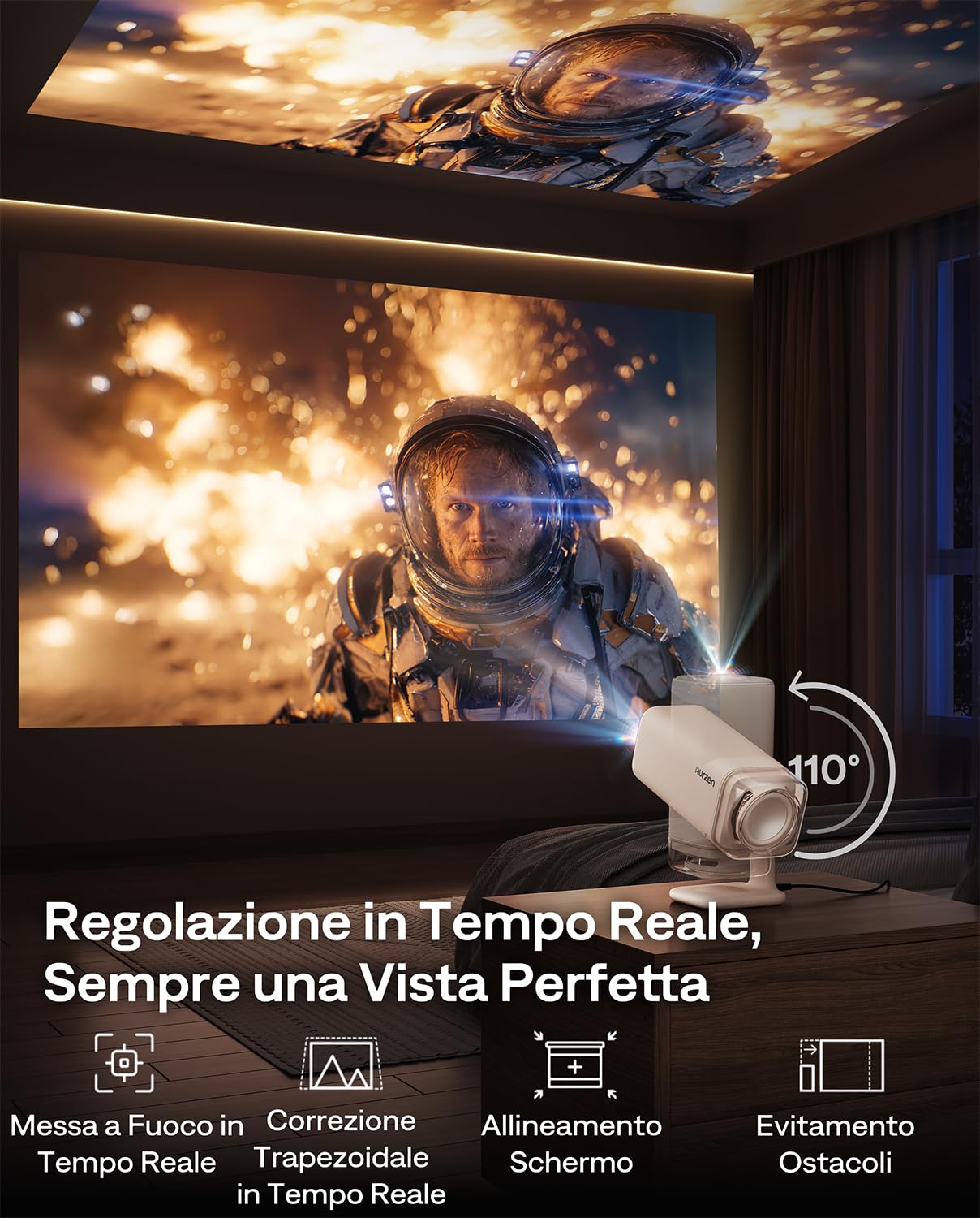 Aurzen Boom Air Mini Proiettore Portatile con Google TV&NetfIix, Supporto 4K, Ricaricabile via USB-C, Video Proiettore da Esterno con Dolby Audio, WiFi & Bluetooth, Autofocus TOF, Bianco Crema