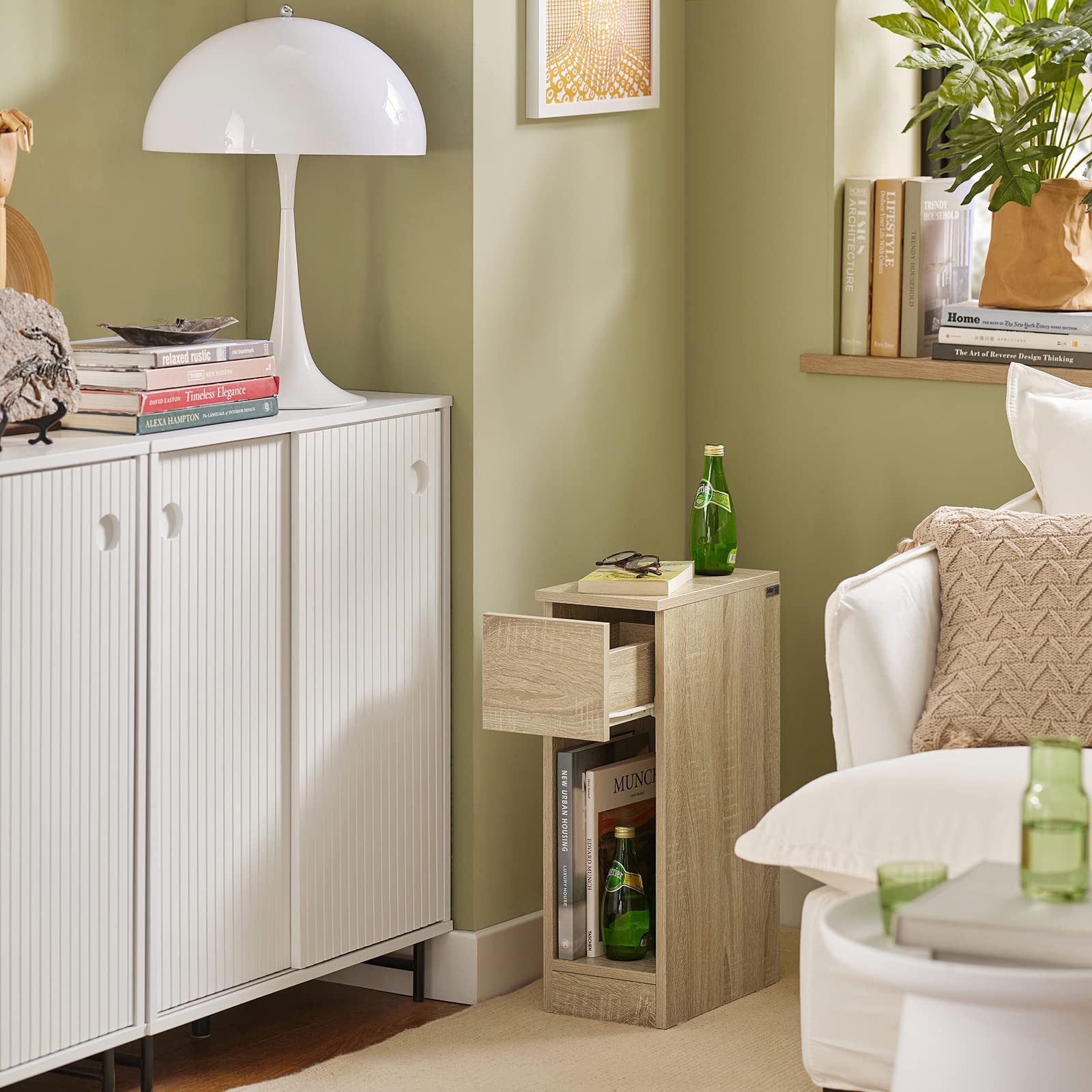 SoBuy Mesita de Noche Estrecha 20 cm con cajón Mesa de Noche ahorradora de Espacio & mesilla de Noche para Espacios pequeños Dormitorio salón Natural 20x35x60 cm FBT111-N