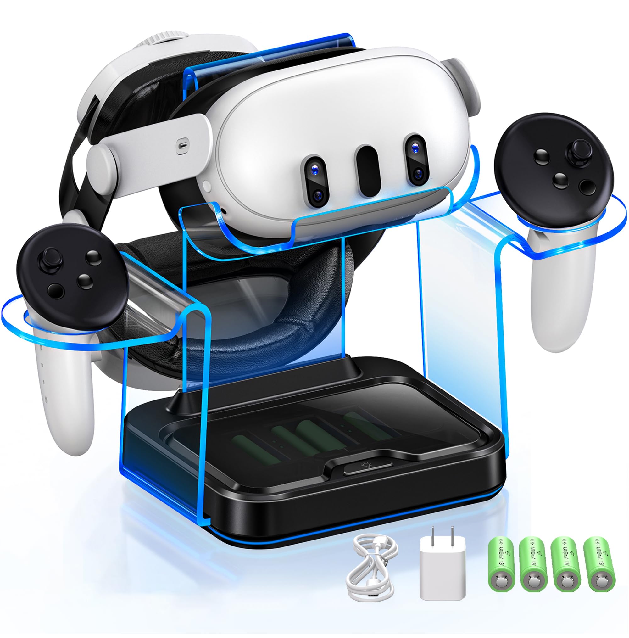 Ladestation für Meta Quest 3/3S/2 mit 4 wiederaufladbaren Controller-Akkus, Luxuriöse VR-Headset-Ladestation mit LED-Licht, USB-C-Kabel, 15W Adapter, für Meta Quest 3, 3S, 2, Oculus 2