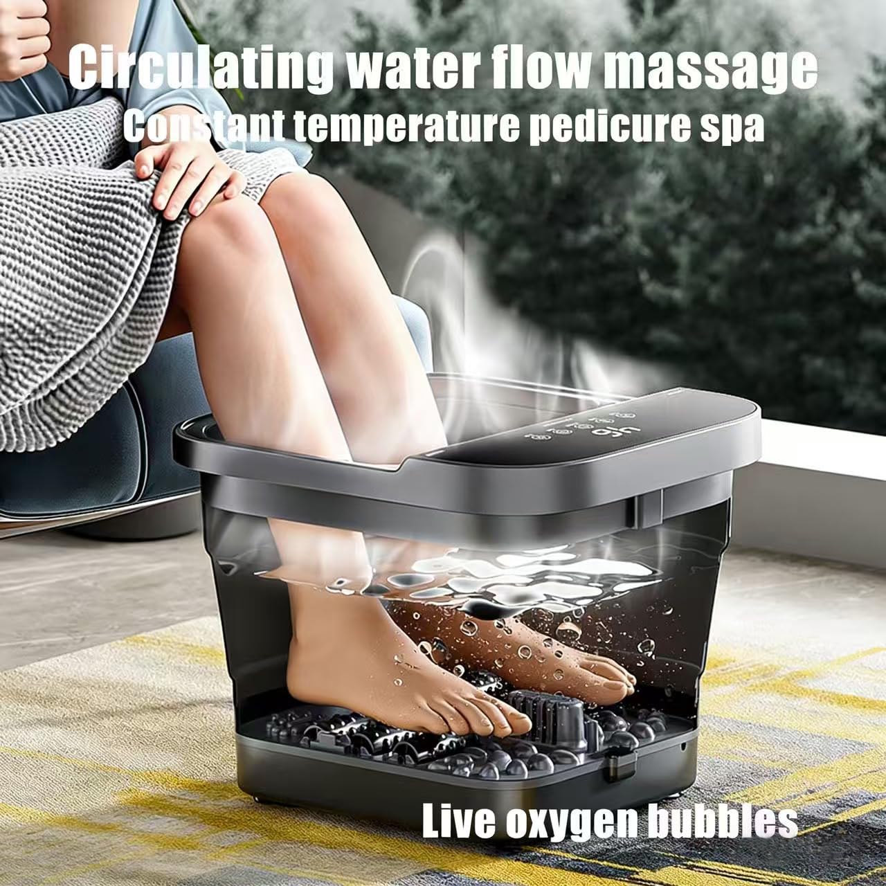 Fuß-Spa und Massagegerät mit Heizung, Dunkelgrau, zusammenklappbare Badewannenschüssel, Temperaturkontrolle, 6 Massagerollen, Blasen, Vibration, Rotlichttherapie, 36 x 39,5 x 24 cm