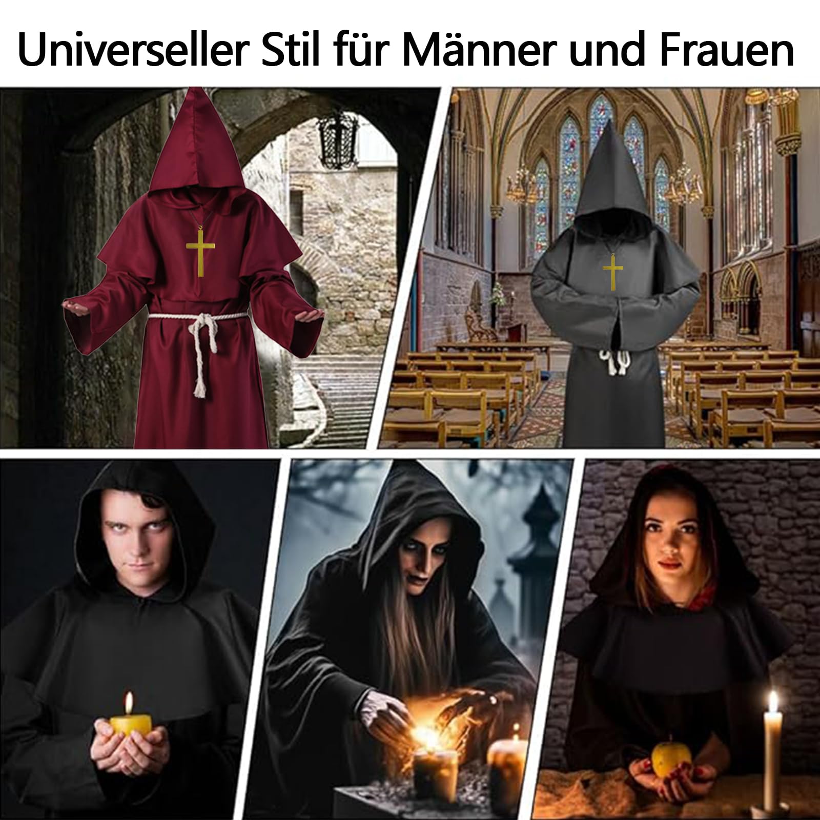 Kostium mnicha, kostium kapłana męski, szata średniowieczna czapka mnicha na Halloween, karnawał, kostium męski z kapturem i paskiem linowym