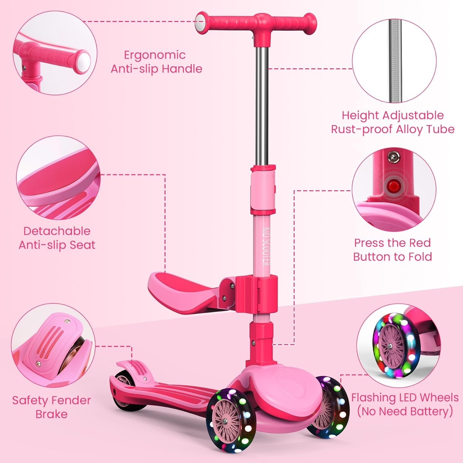 Monopattino regolabile 2 in 1, 3 – 12 anni, manubrio a 5 livelli, sedile rimovibile, ruote a LED, pieghevole, rosa (ragazze e ragazzi) nero