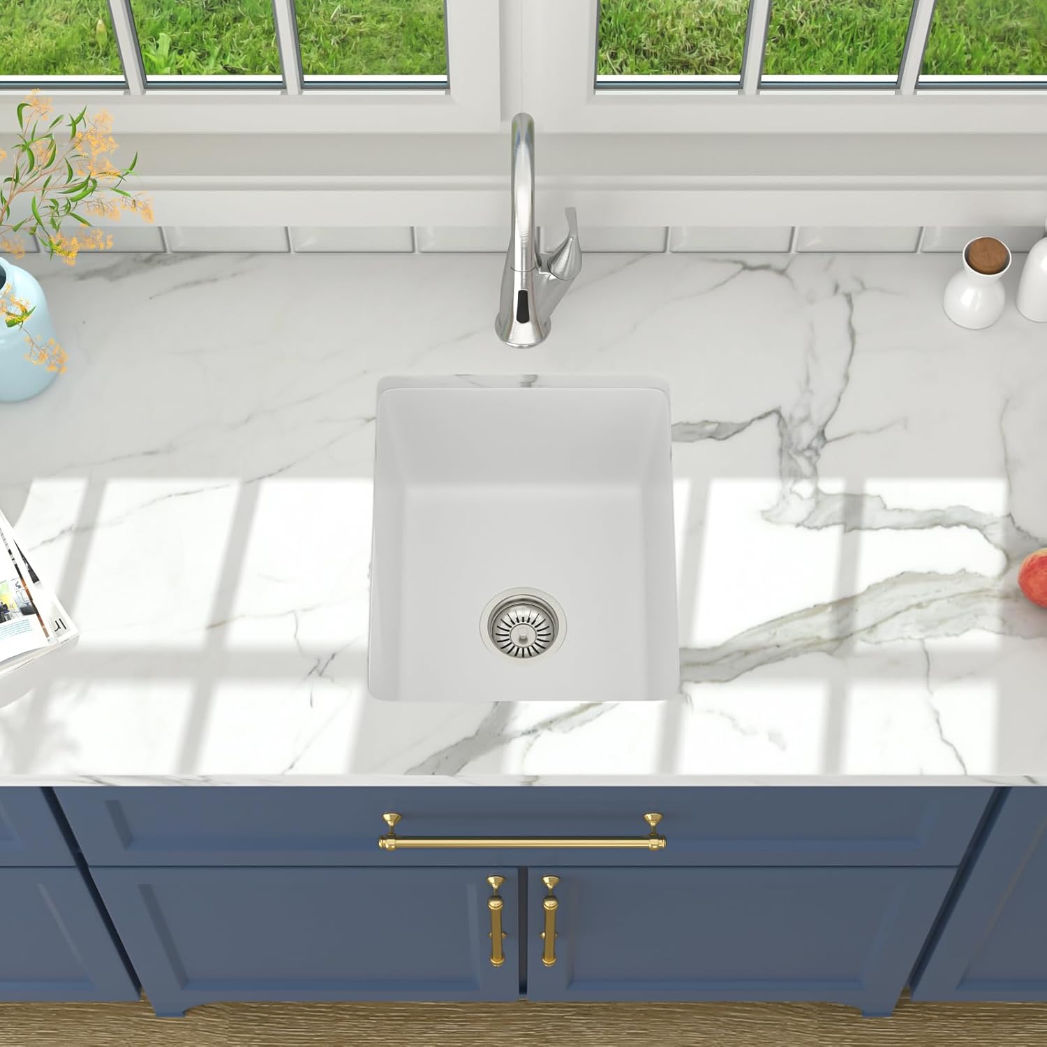 Lordear Granite Composite White Bar Sink 15 x 18 Inch Undermount Kitchen RV Sinks Small Quartz Bar Sink