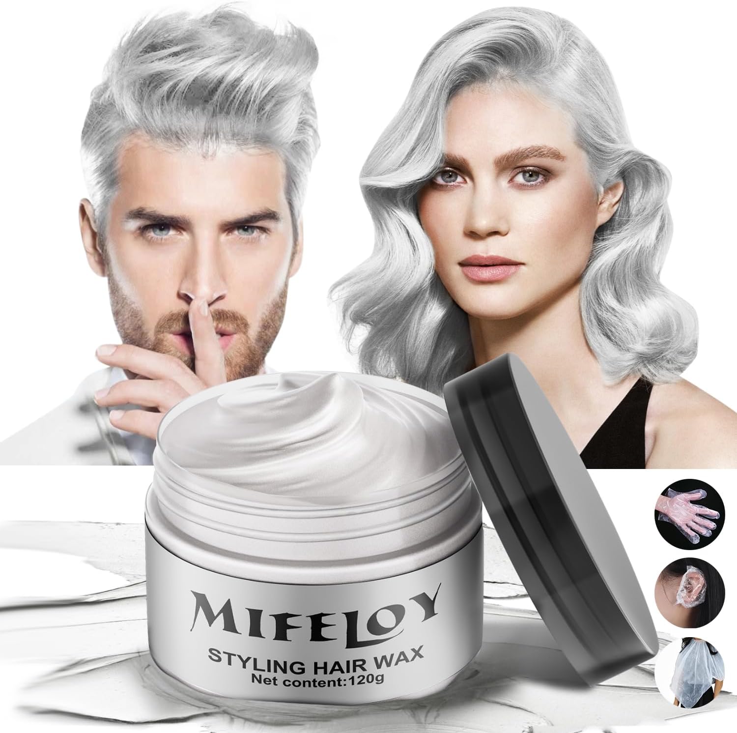 Silver White Temporary Hair Color Wax with Cape Ear Cover Gloves, Instant Natural Hairstyle Cream, Styling Pomades for Girl Women, Disposable Coloring Mud for Party Cosplay DIY Halloween,4.23oz