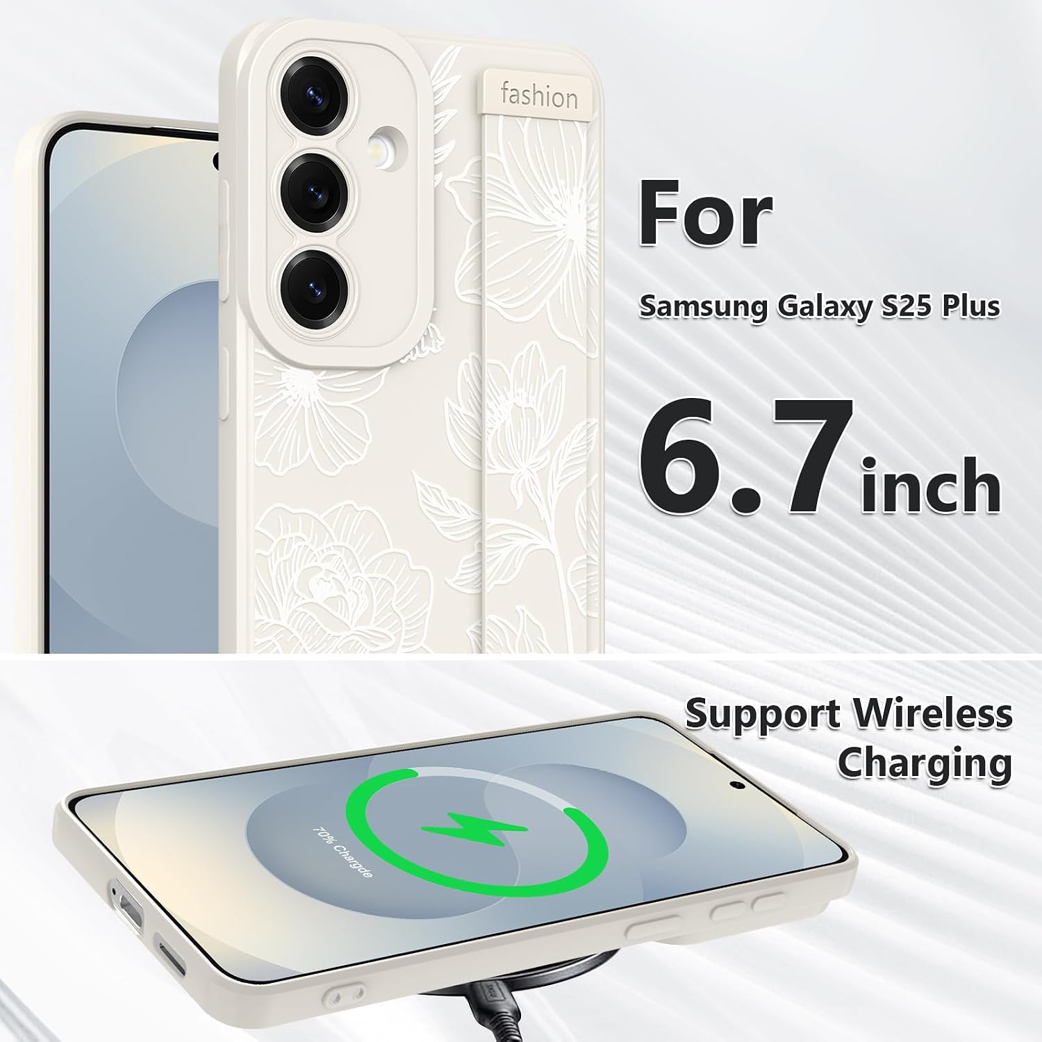 for Samsung Galaxy S25 Plus case Cute Floral Lotus Pattern Built in Adjustable Metal Wristband Grip Bracket Case，Camera Protection Soft Slim Silicone Phone Case for Girls Women - White