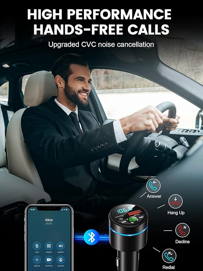 Transmisor FM Bluetooth 5.3 para Coche, Cargador Rápido PD 30W QC3.0 18W, Negro miniatura 6
