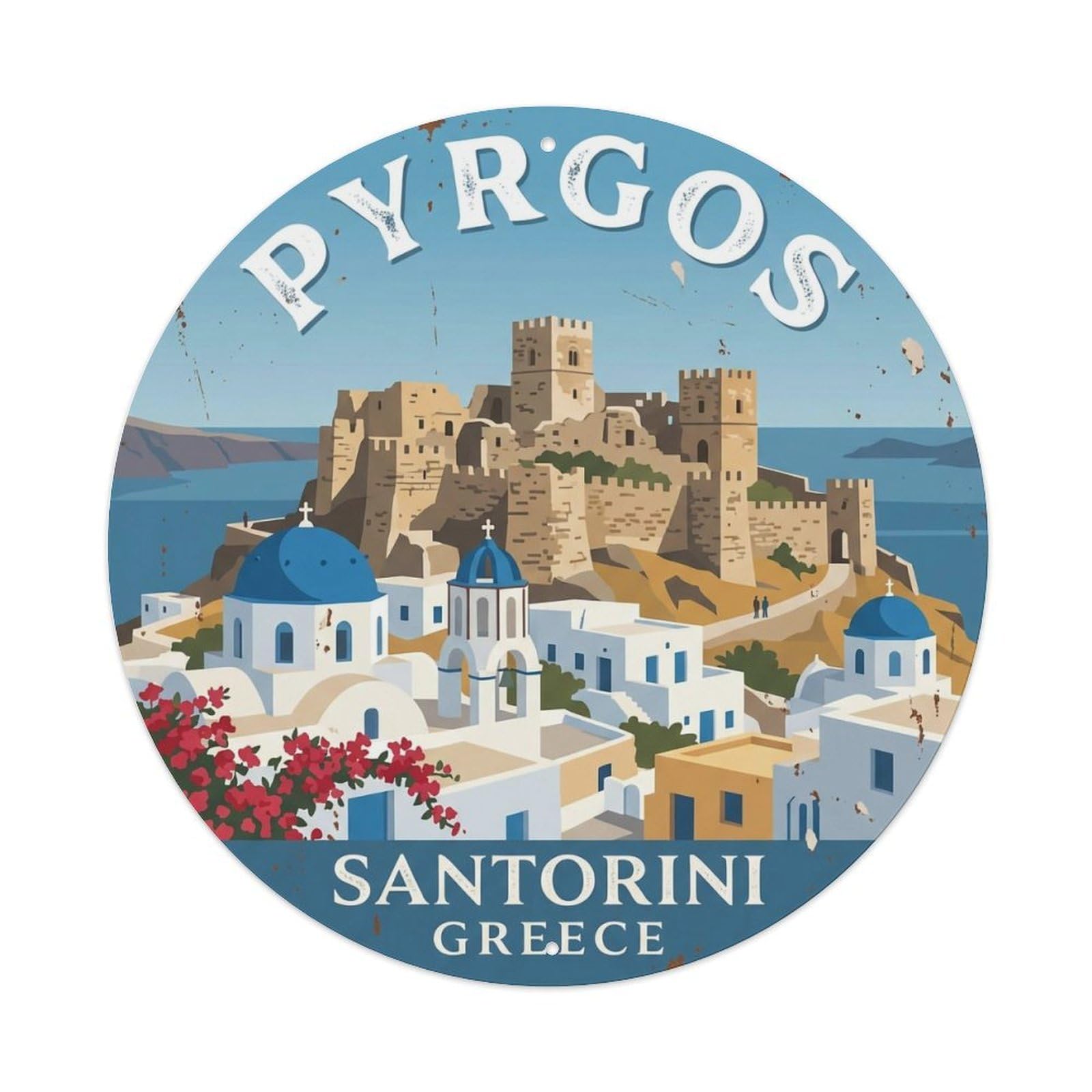 Vintage Travel Pyrgos Santorini Castle Metal Tin Sign