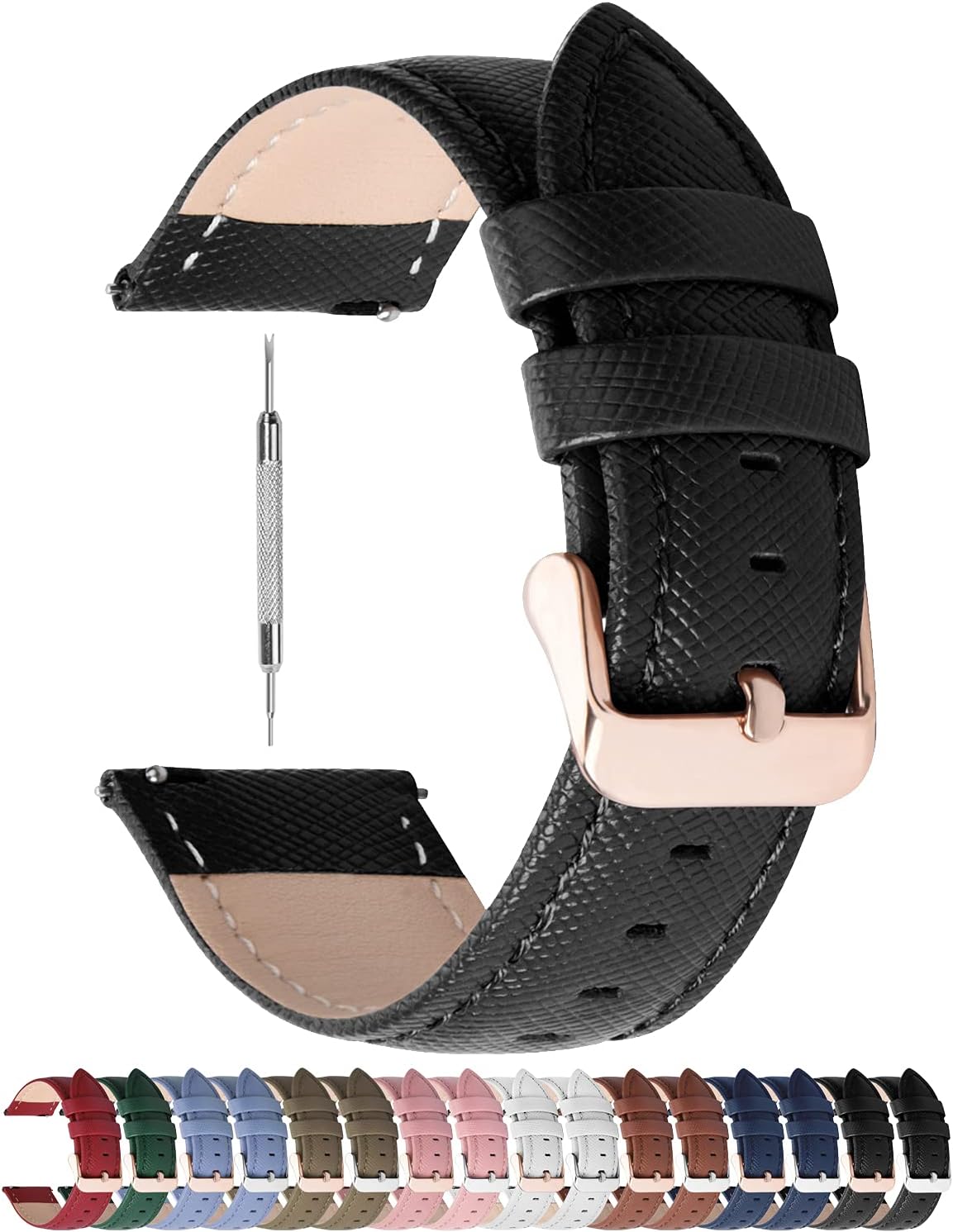 Fullmosa Cross Leather Replacement Watch Strap 20mm Compatible for Samsung Galaxy Watch 5 40mm 44mm/Pro 45mm/Watch 4 40mm 44mm/Classic 46mm 42mm(2021) - Black
