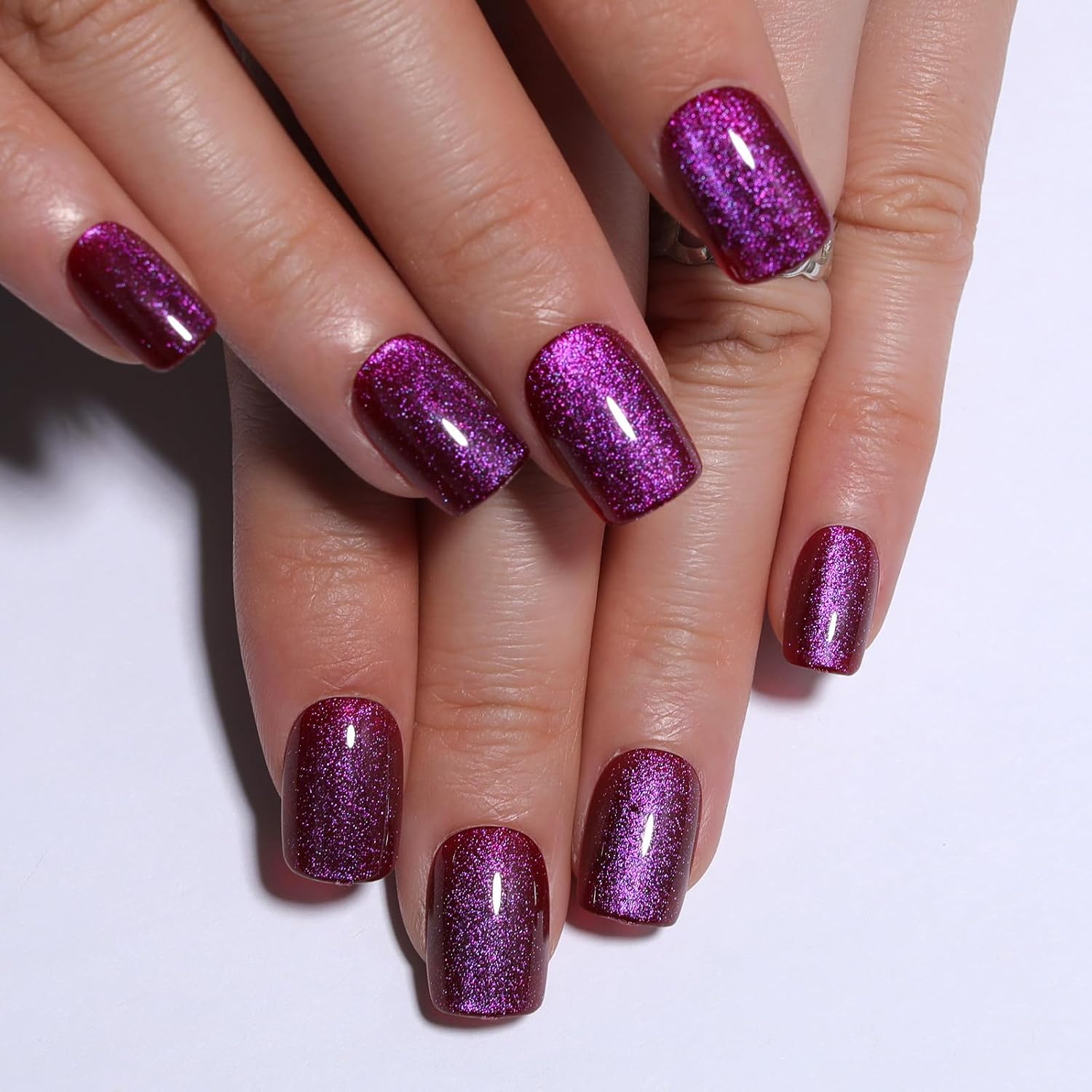 Pink Purple Cat Eye Press On Nails Short Square, Magenta Tone Cat Eye Nail Design, High Saturation Color Glossy Soft Gel Fake nails, Reusable Glue On Nails for Women, Party Holiday, 30Pcs